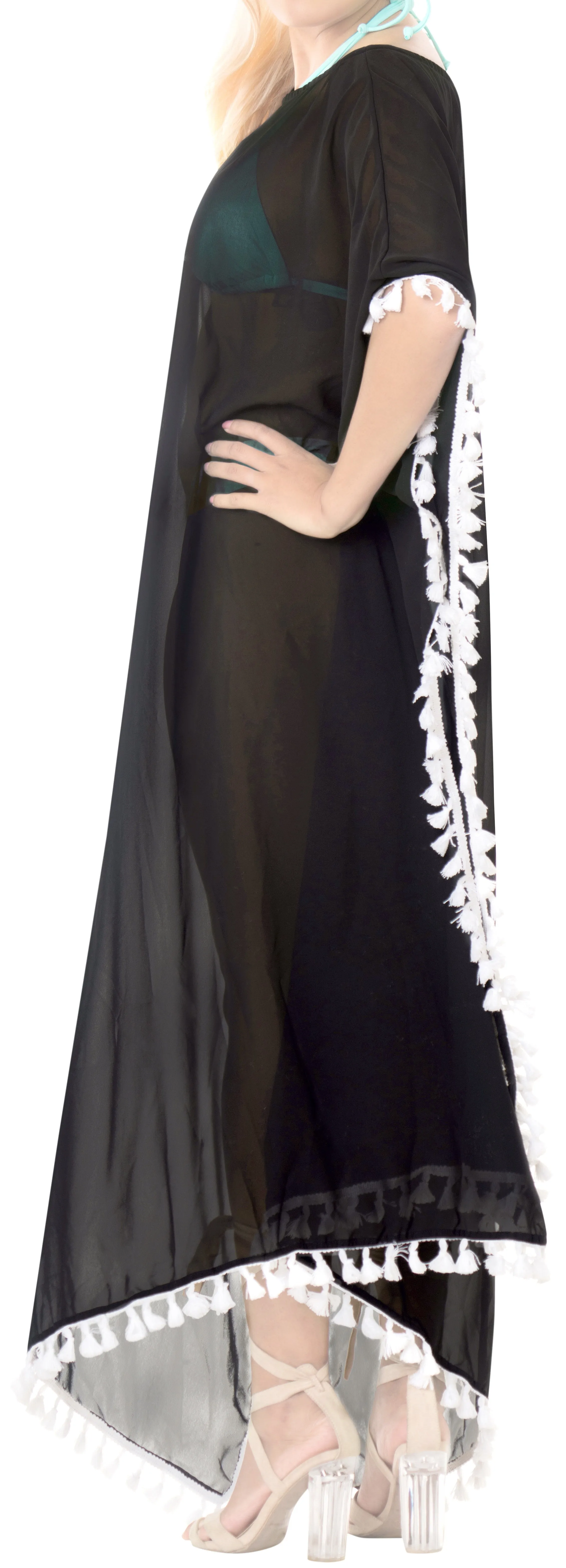 LA LEELA Chiffon Solid Long Caftan Dress Women Black_4114 OSFM 14-18W [L-2X]