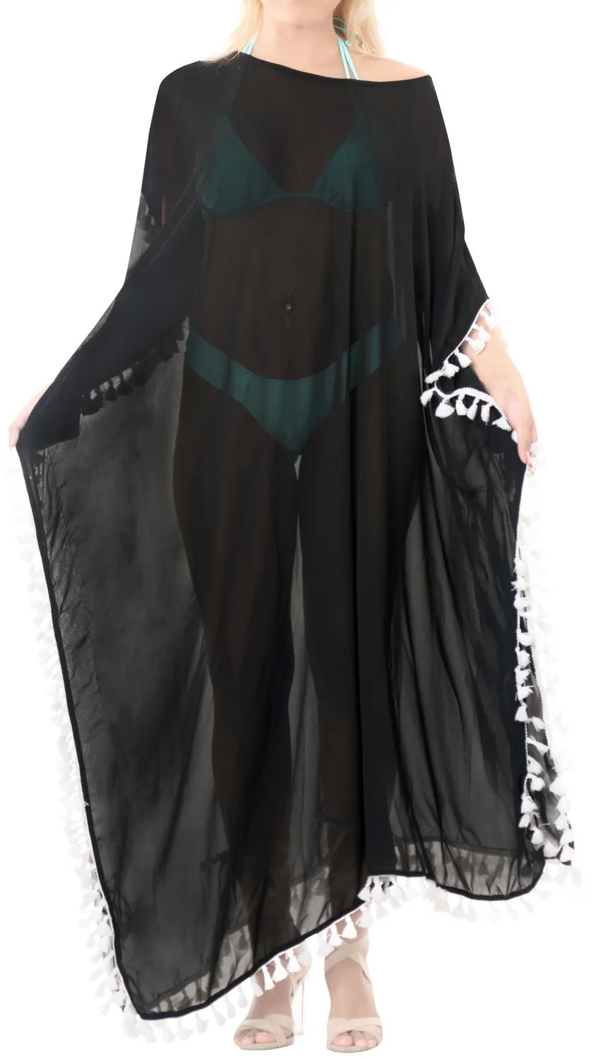 LA LEELA Chiffon Solid Long Caftan Dress Women Black_4114 OSFM 14-18W [L-2X]
