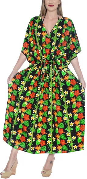 LA LEELA Lounge Caftan Likre Printed Resort Wear Kaftan Blouse Beach Dress Designer Cover ups Black