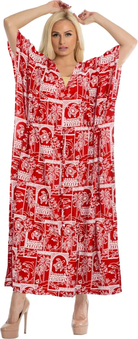 LA LEELA Lounge Caftan Likre Printed Resort Wear Kaftan Blouse Beach Dress Designer Cover ups Blood Red_R626