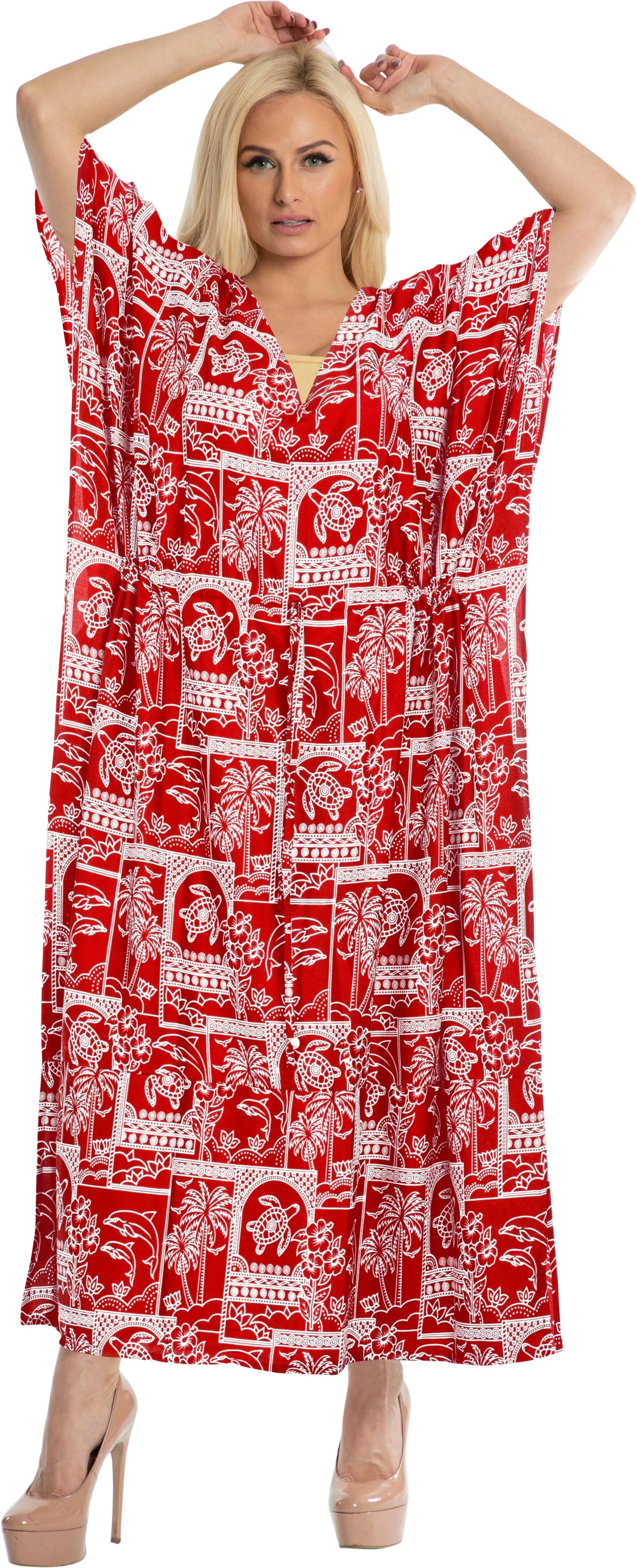 LA LEELA Lounge Caftan Likre Printed Resort Wear Kaftan Blouse Beach Dress Designer Cover ups Blood Red_R626