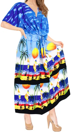 LA LEELA Lounge Caftan Likre Printed Resort Wear Kaftan Blouse Beach Dress Designer Cover ups Blue_K755