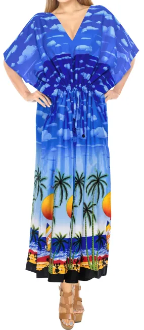 LA LEELA Lounge Caftan Likre Printed Resort Wear Kaftan Blouse Beach Dress Designer Cover ups Blue_K757