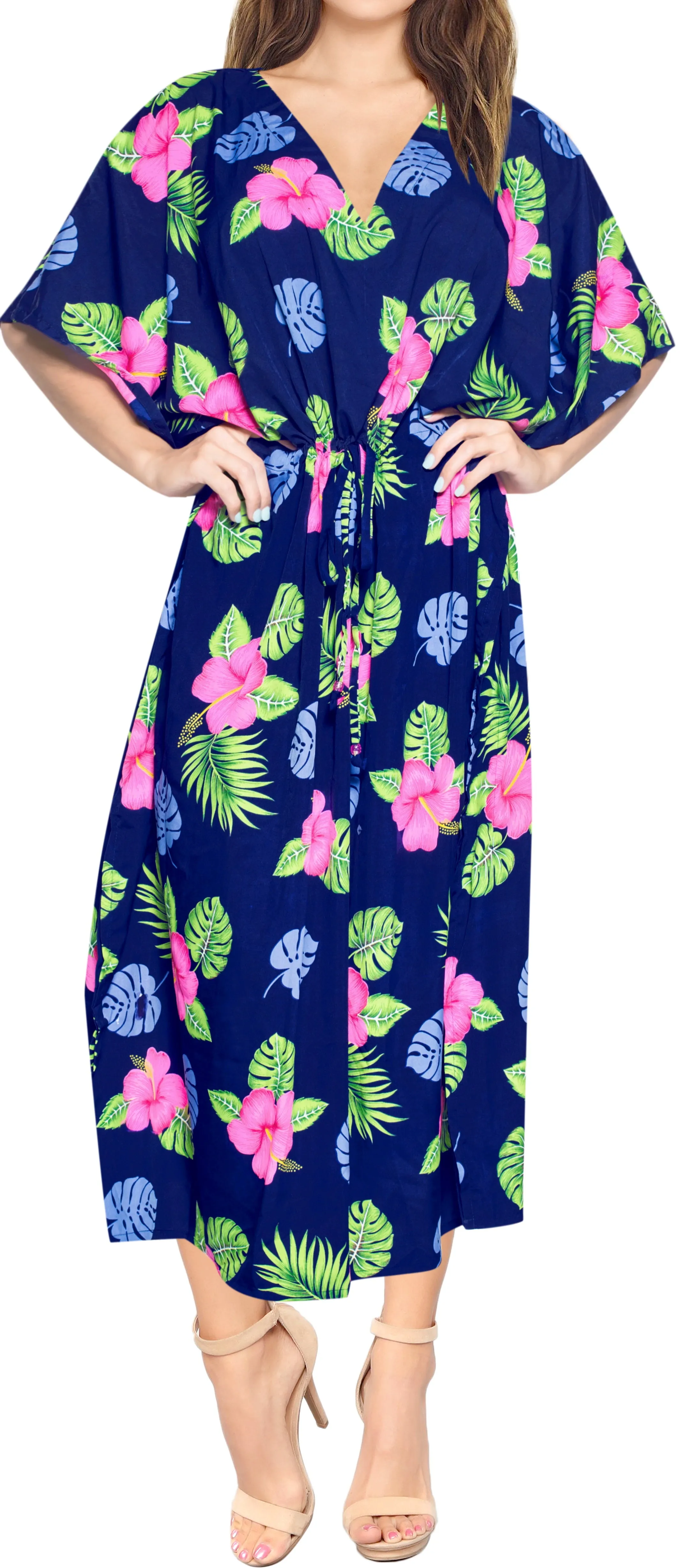 LA LEELA Lounge Caftan Likre Printed Resort Wear Kaftan Blouse Beach Dress Designer Cover ups Navy Blue_V612