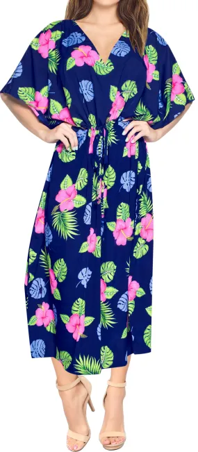 LA LEELA Lounge Caftan Likre Printed Resort Wear Kaftan Blouse Beach Dress Designer Cover ups Navy Blue_V612