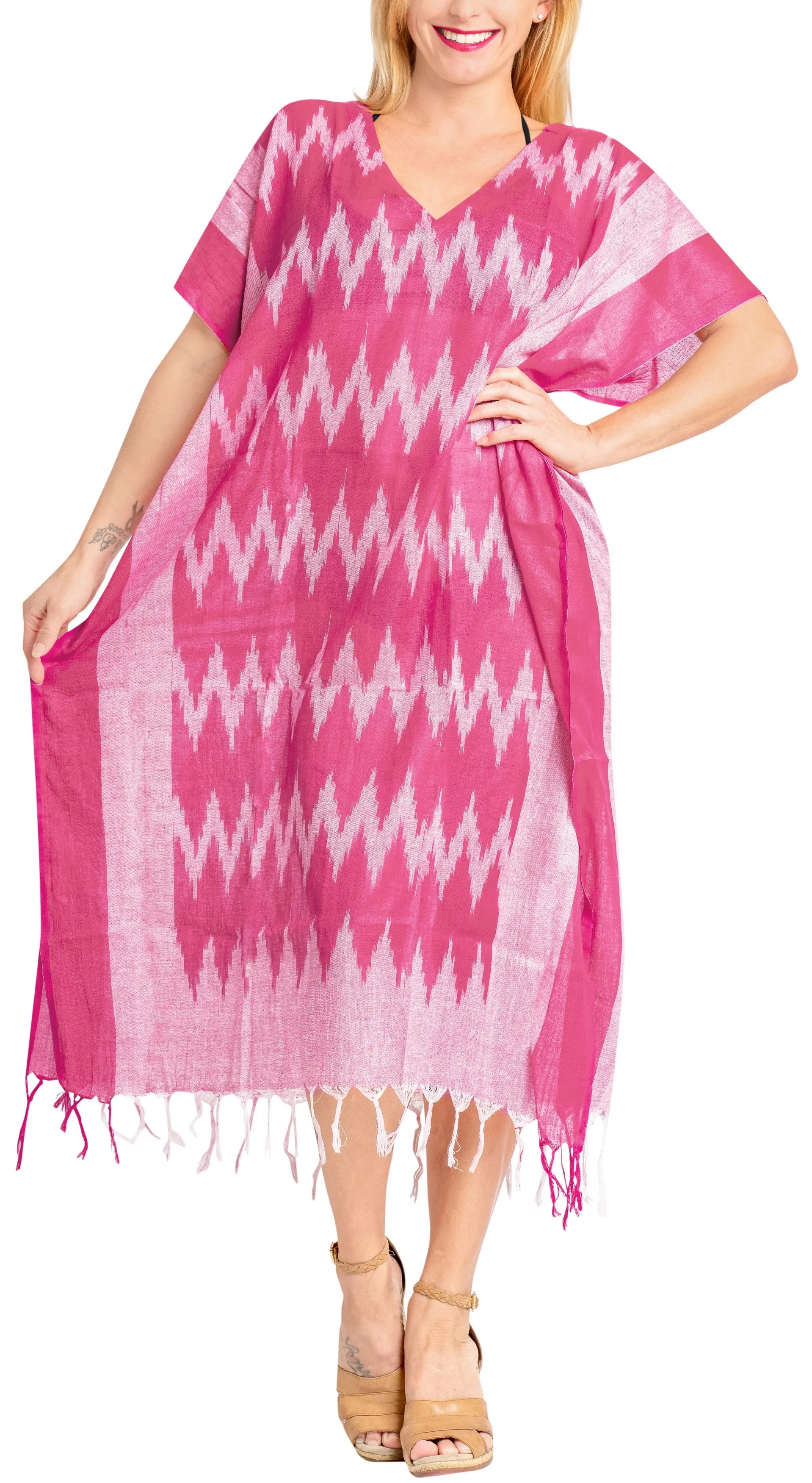LA LEELA Lounge Caftan Likre Printed Resort Wear Kaftan Blouse Beach Dress Designer Cover ups Pink_A159