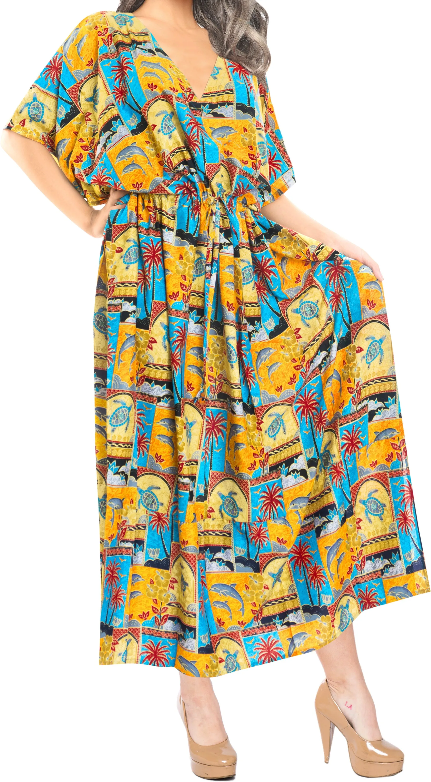 LA LEELA Lounge Caftan Likre Printed Resort Wear Kaftan Blouse Beach Dress Designer Cover ups Pumpkin Orange_K771
