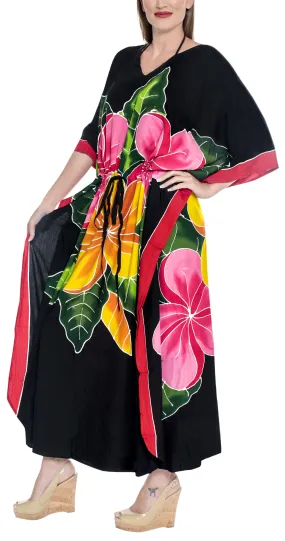 LA LEELA Lounge Rayon Printed Long Caftan Swimwear Dress Black_1414 OSFM 12-20W [L-2X]