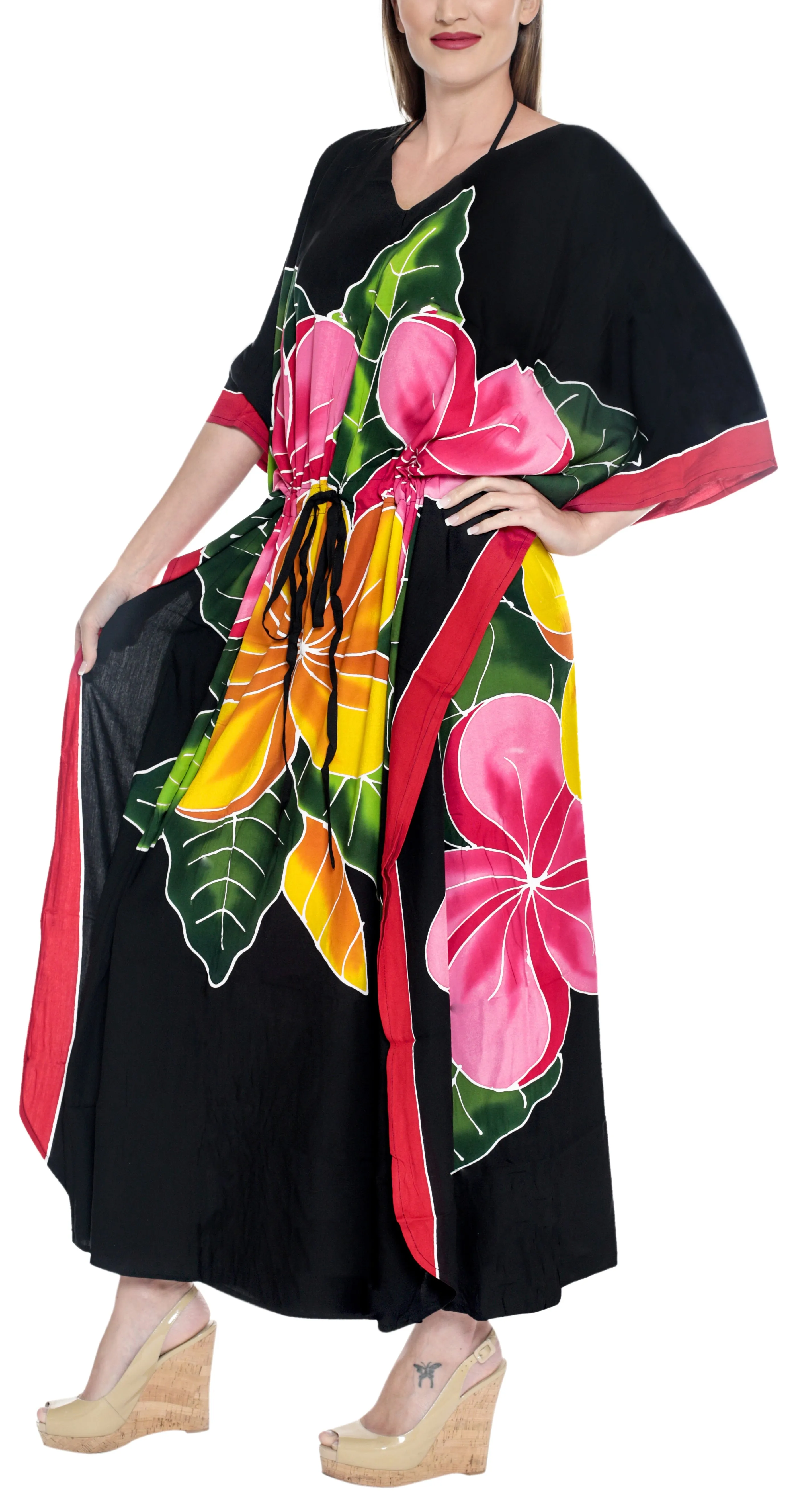 LA LEELA Lounge Rayon Printed Long Caftan Swimwear Dress Black_1414 OSFM 12-20W [L-2X]