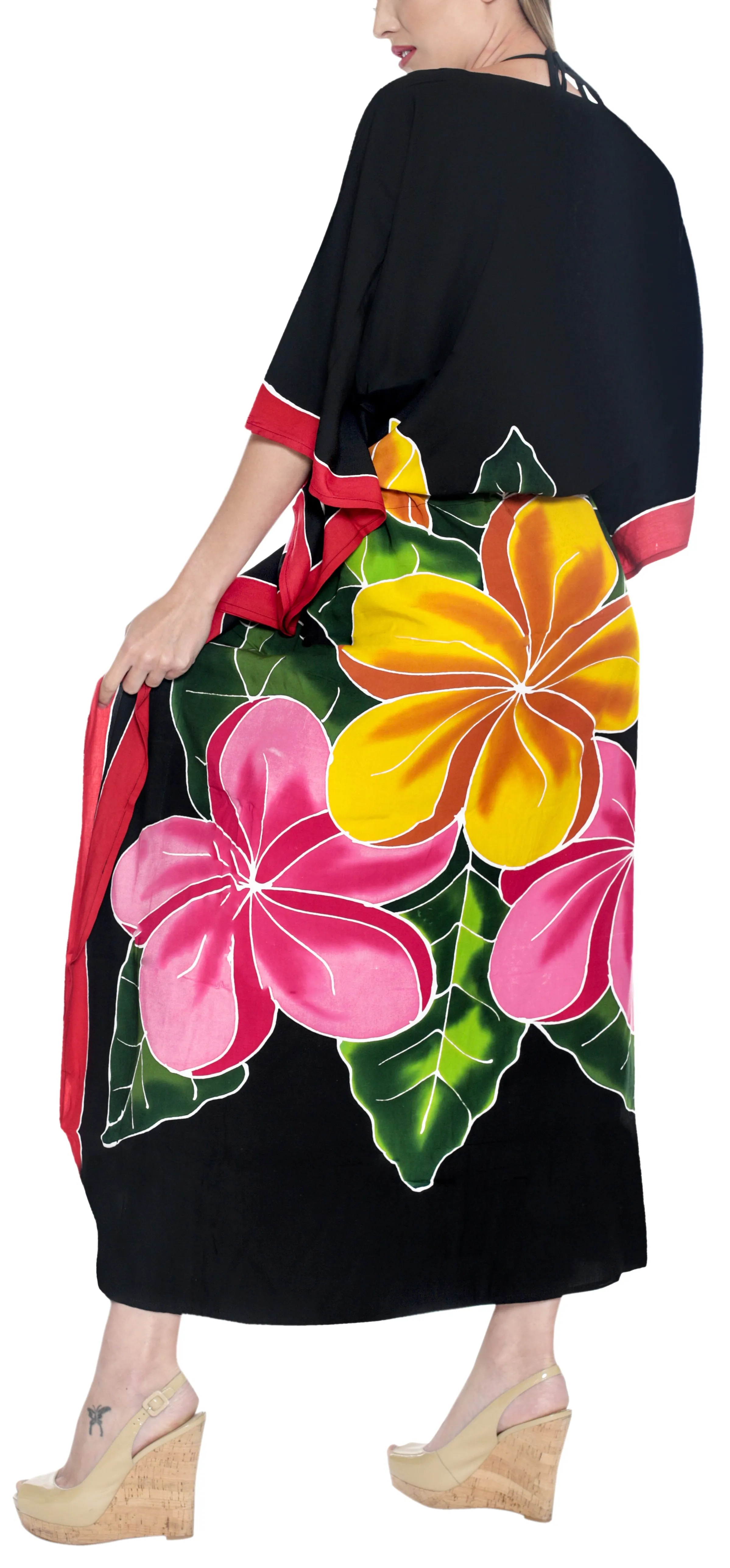 LA LEELA Lounge Rayon Printed Long Caftan Swimwear Dress Black_1414 OSFM 12-20W [L-2X]