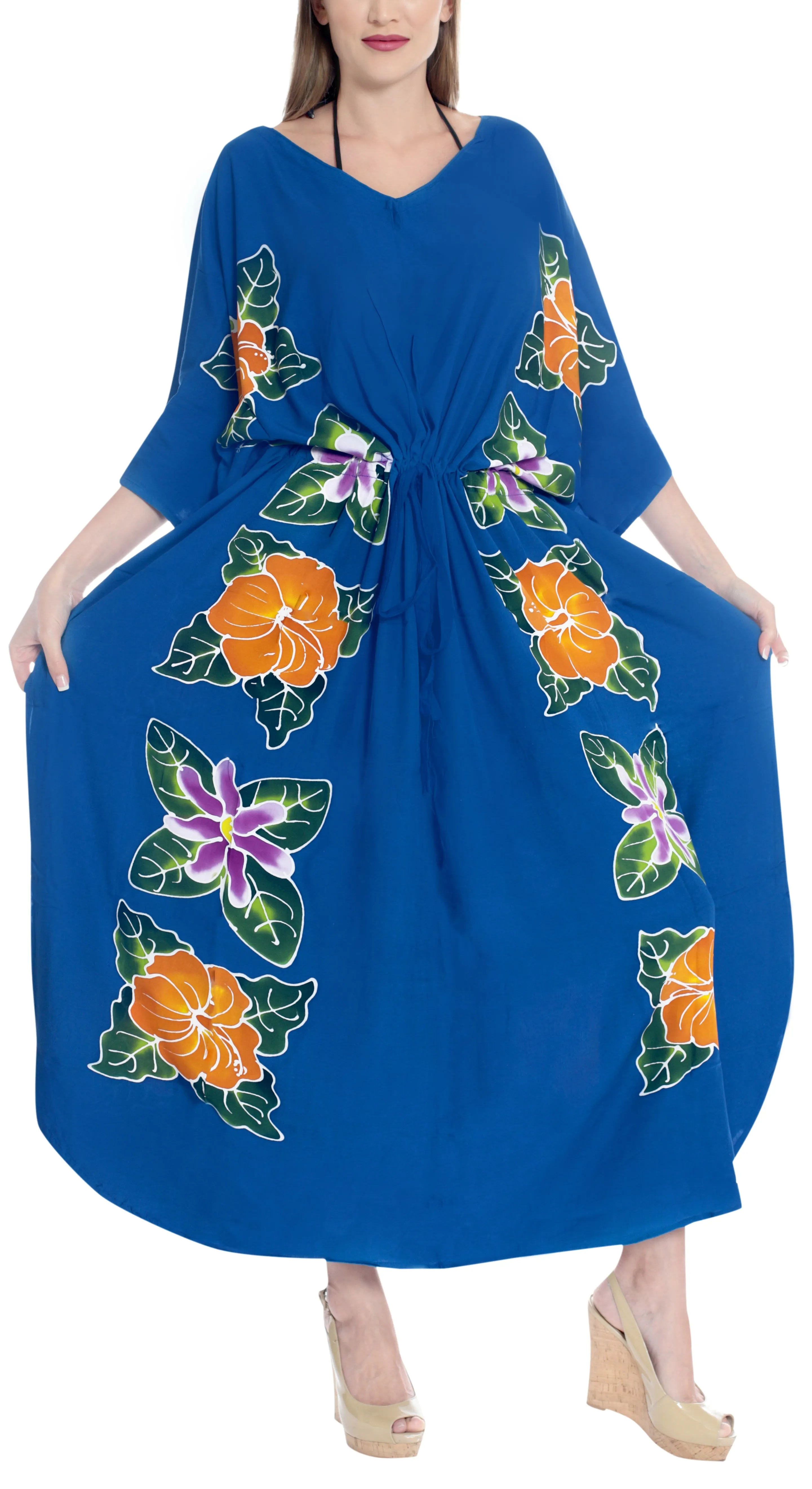 LA LEELA Lounge Rayon Printed Long Caftan Women's Floral print Royal Blue_1415 OSFM 12-20W [L-2X]