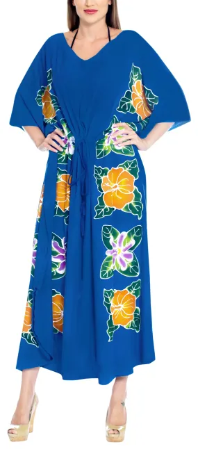 LA LEELA Lounge Rayon Printed Long Caftan Women's Floral print Royal Blue_1415 OSFM 12-20W [L-2X]