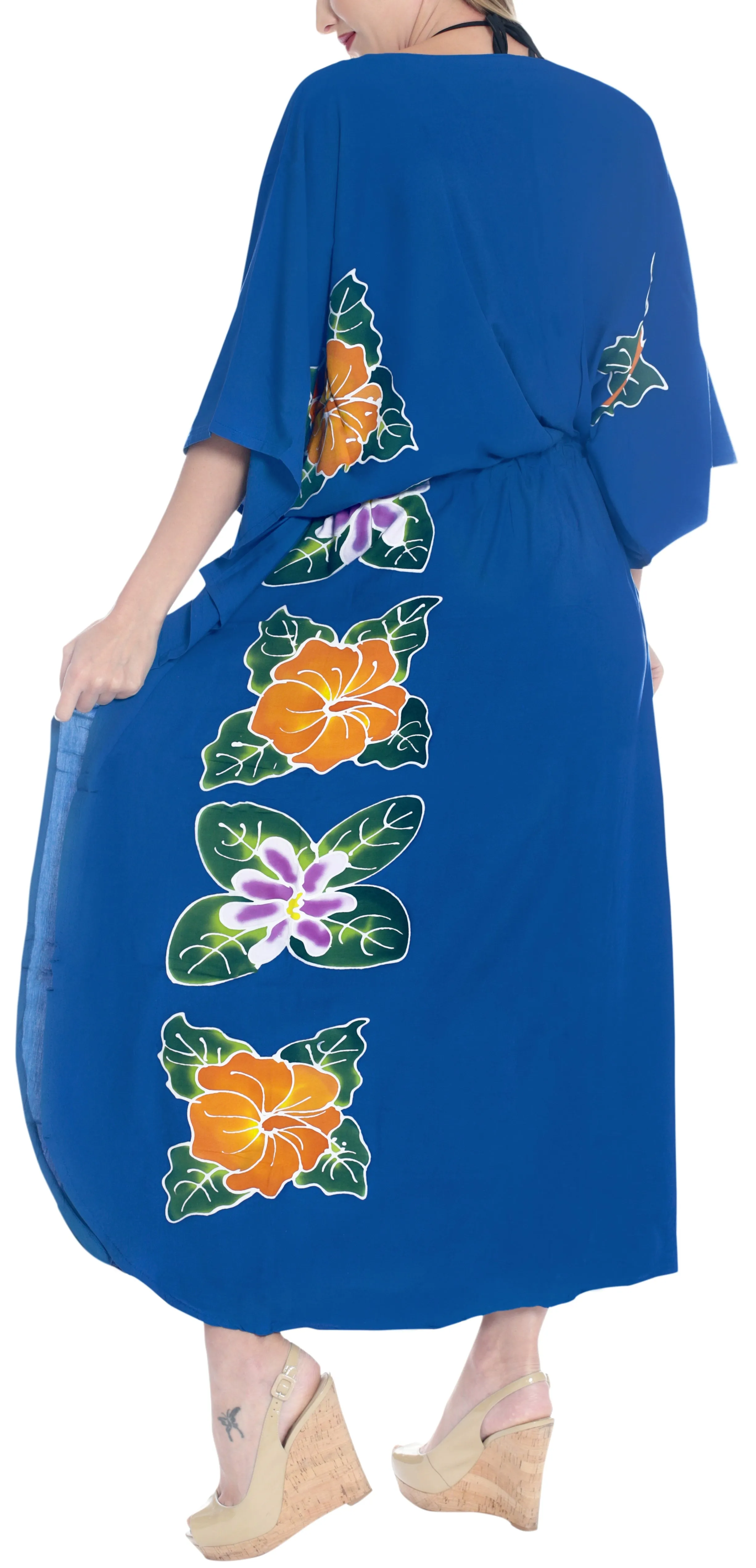 LA LEELA Lounge Rayon Printed Long Caftan Women's Floral print Royal Blue_1415 OSFM 12-20W [L-2X]