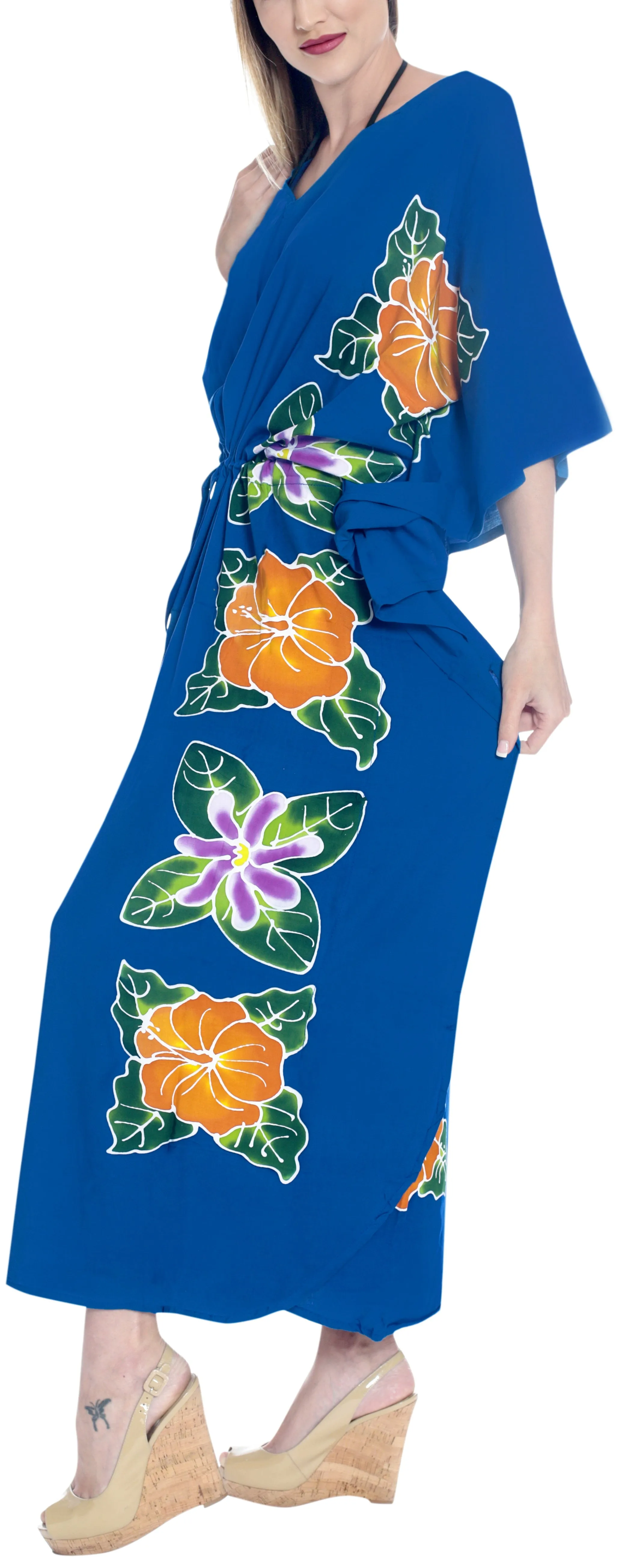 LA LEELA Lounge Rayon Printed Long Caftan Women's Floral print Royal Blue_1415 OSFM 12-20W [L-2X]