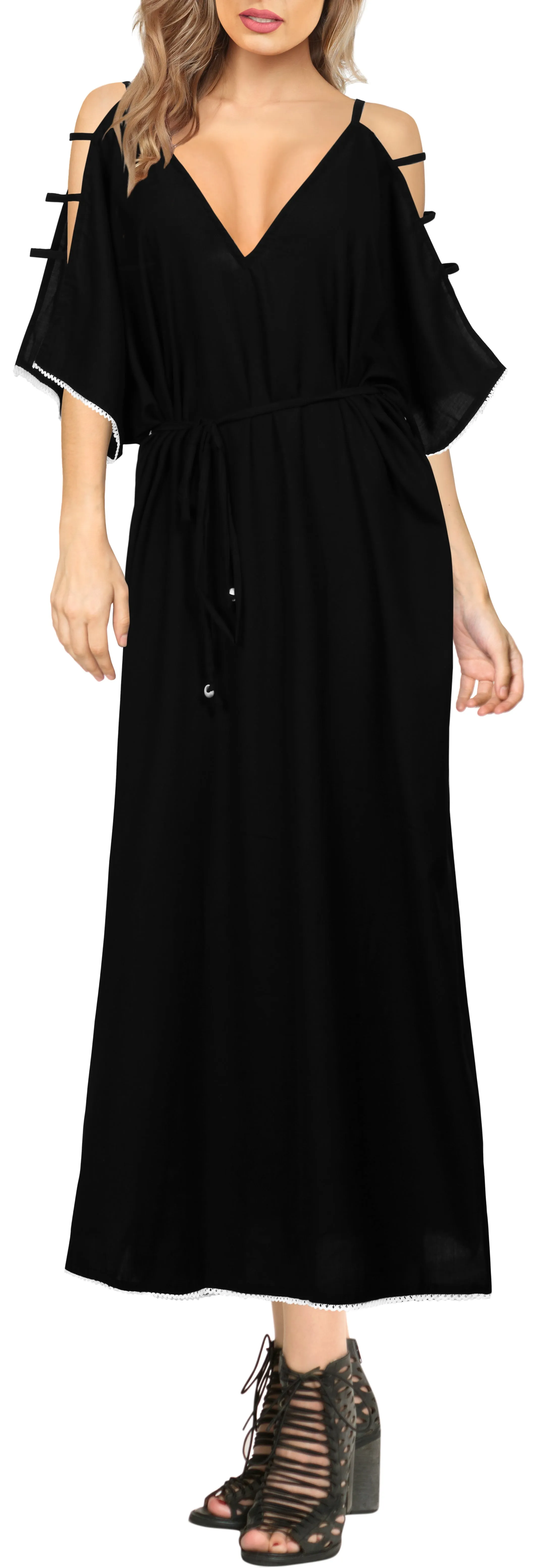 LA LEELA Lounge Rayon Solid Long Caftan Nightgown Women OSFM 14-20W [L- 2X] Halloween Black_A923