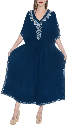 LA LEELA Rayon Solid Caftan Beach Dress Women Blue_4082 OSFM 14-22W