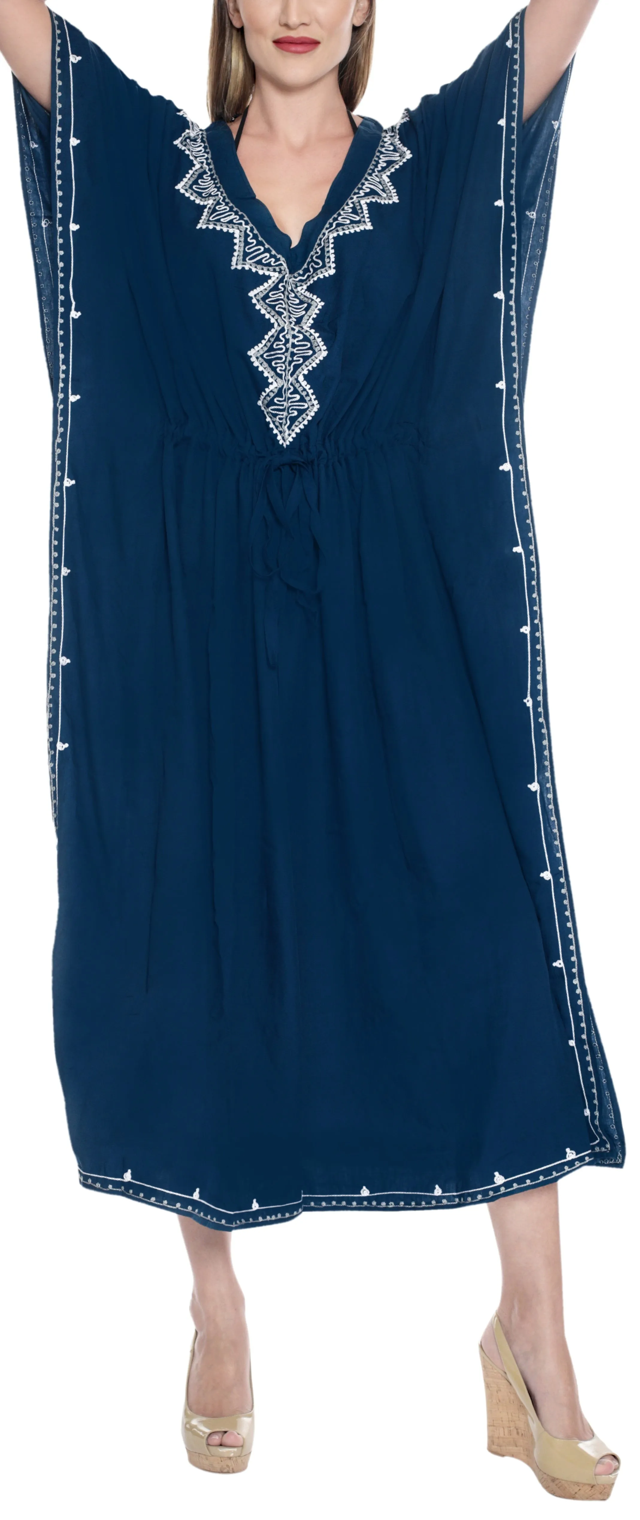 LA LEELA Rayon Solid Caftan Beach Dress Women Blue_4082 OSFM 14-22W
