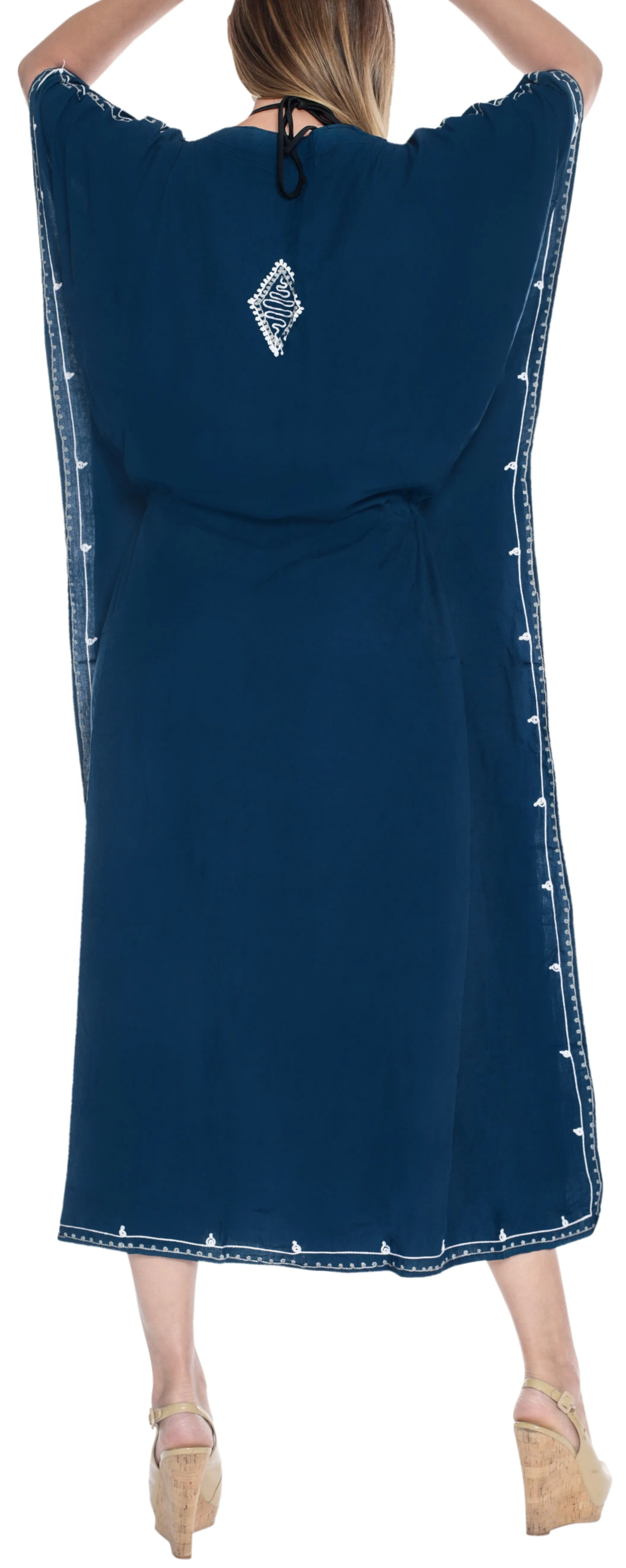 LA LEELA Rayon Solid Caftan Beach Dress Women Blue_4082 OSFM 14-22W