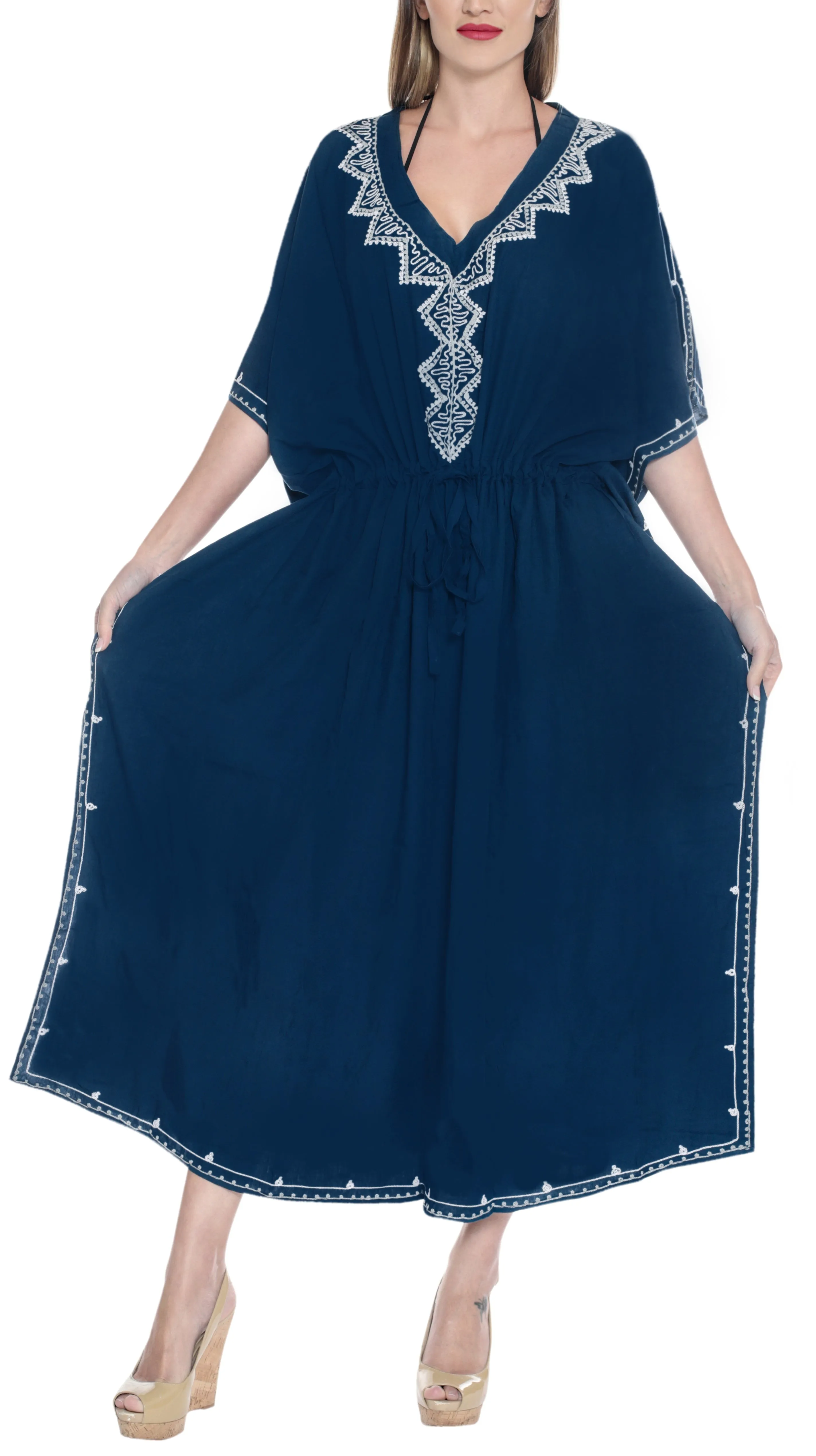 LA LEELA Rayon Solid Caftan Beach Dress Women Blue_4082 OSFM 14-22W