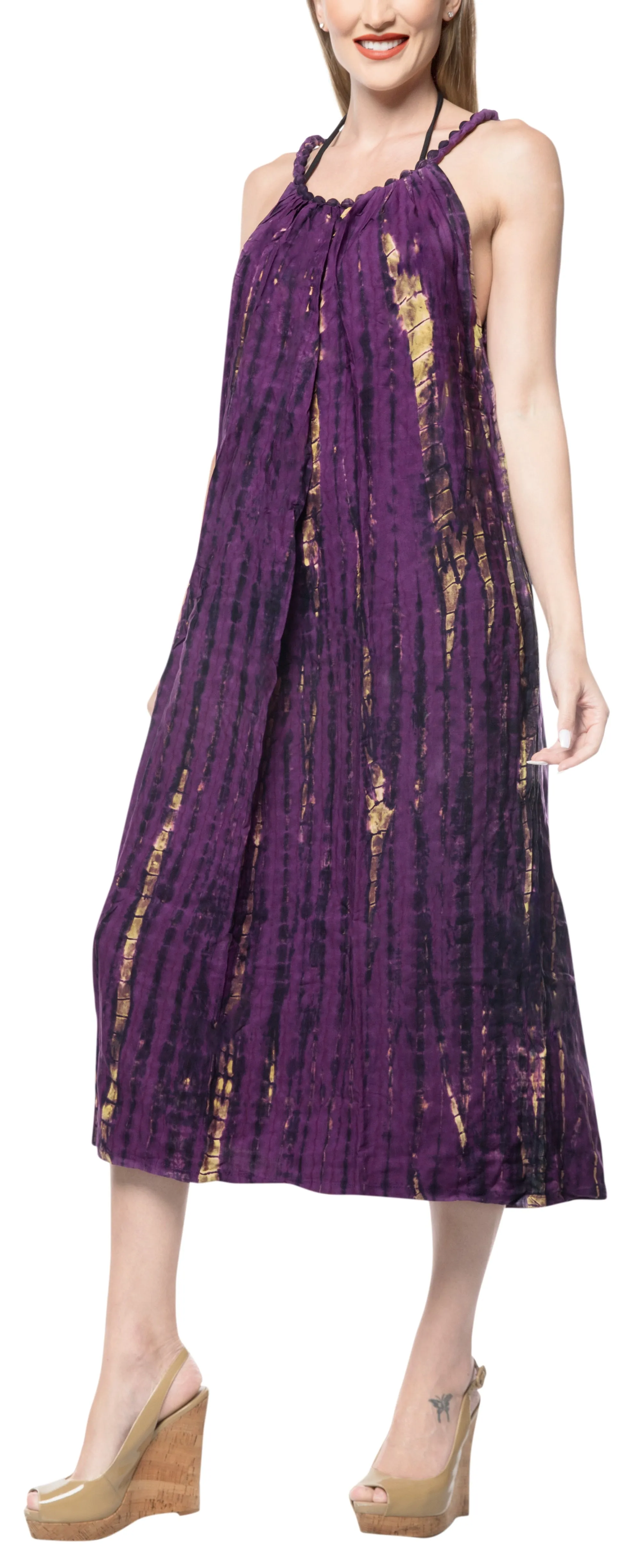 LA LEELA Rayon Tie Dye Dresses Luau Length Knee OSFM 14-18 [L-2X] Purple_3538 Purple_F687