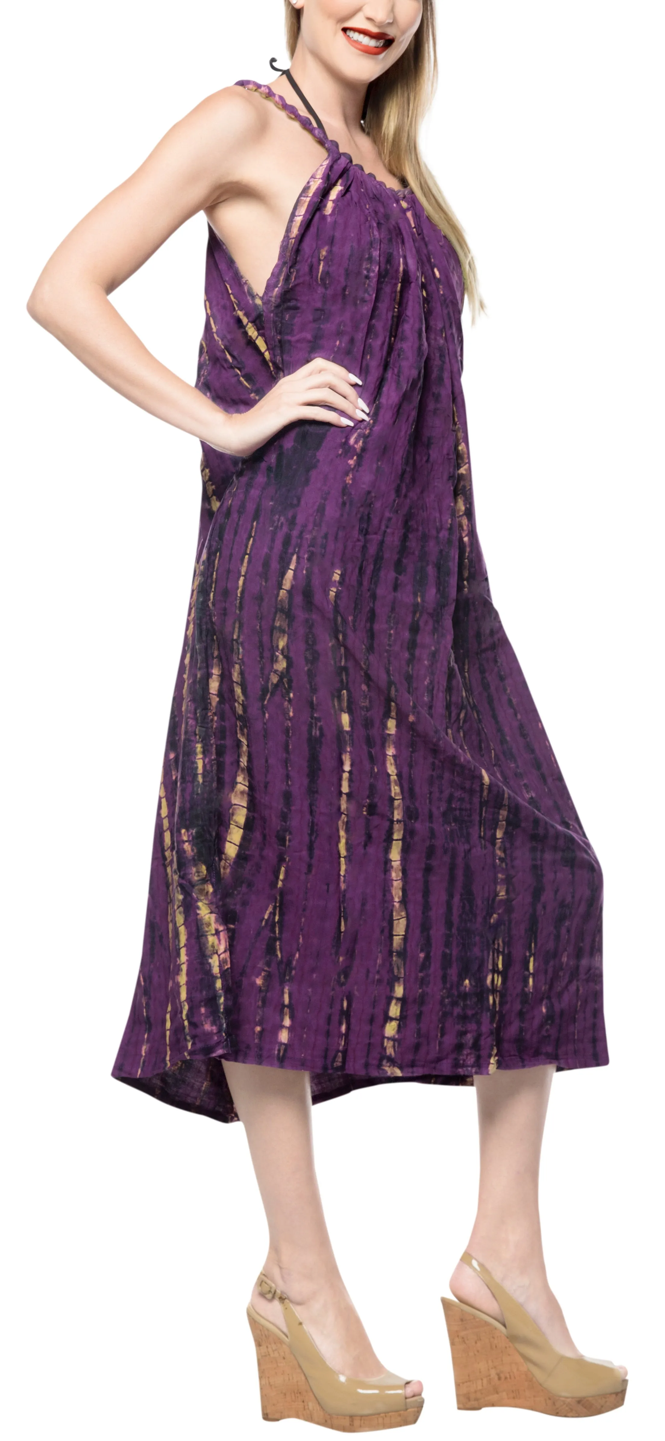 LA LEELA Rayon Tie Dye Dresses Luau Length Knee OSFM 14-18 [L-2X] Purple_3538 Purple_F687