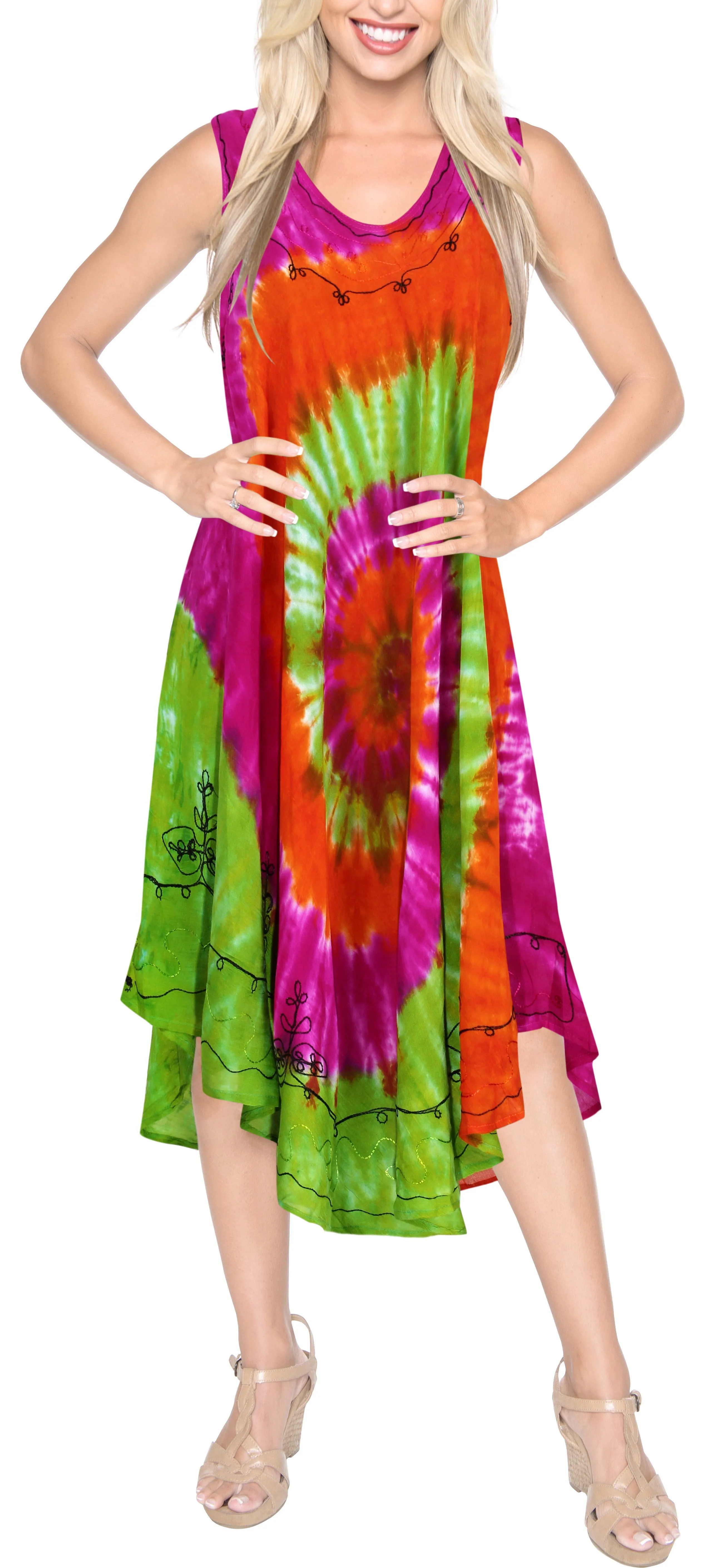 LA LEELA Rayon Tie Dye Tie Dye Cruise Caftan Long Women Pink 504 One Size Pink_A559