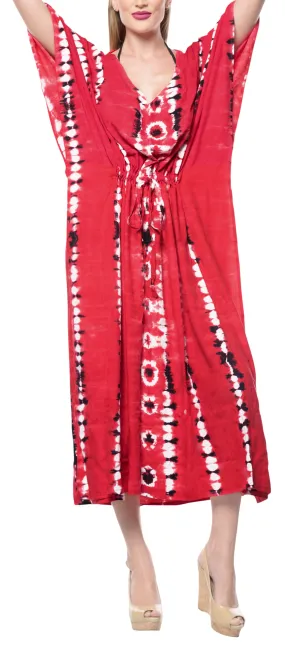 LA LEELA Rayon Tie_Dye Caftan Beach Dress Summer Wear Red_1371 OSFM 14-32W [L-5X]
