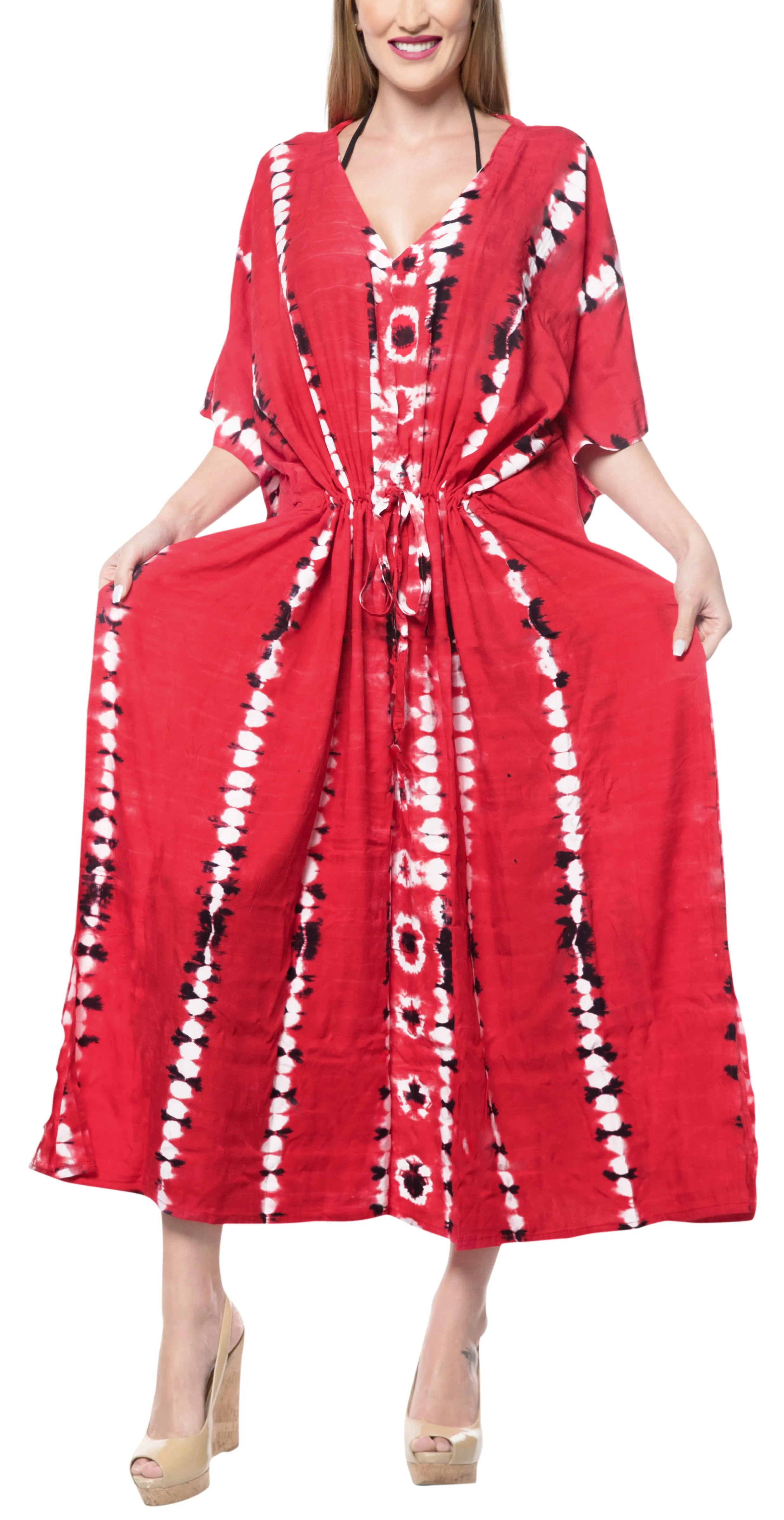 LA LEELA Rayon Tie_Dye Caftan Beach Dress Summer Wear Red_1371 OSFM 14-32W [L-5X]
