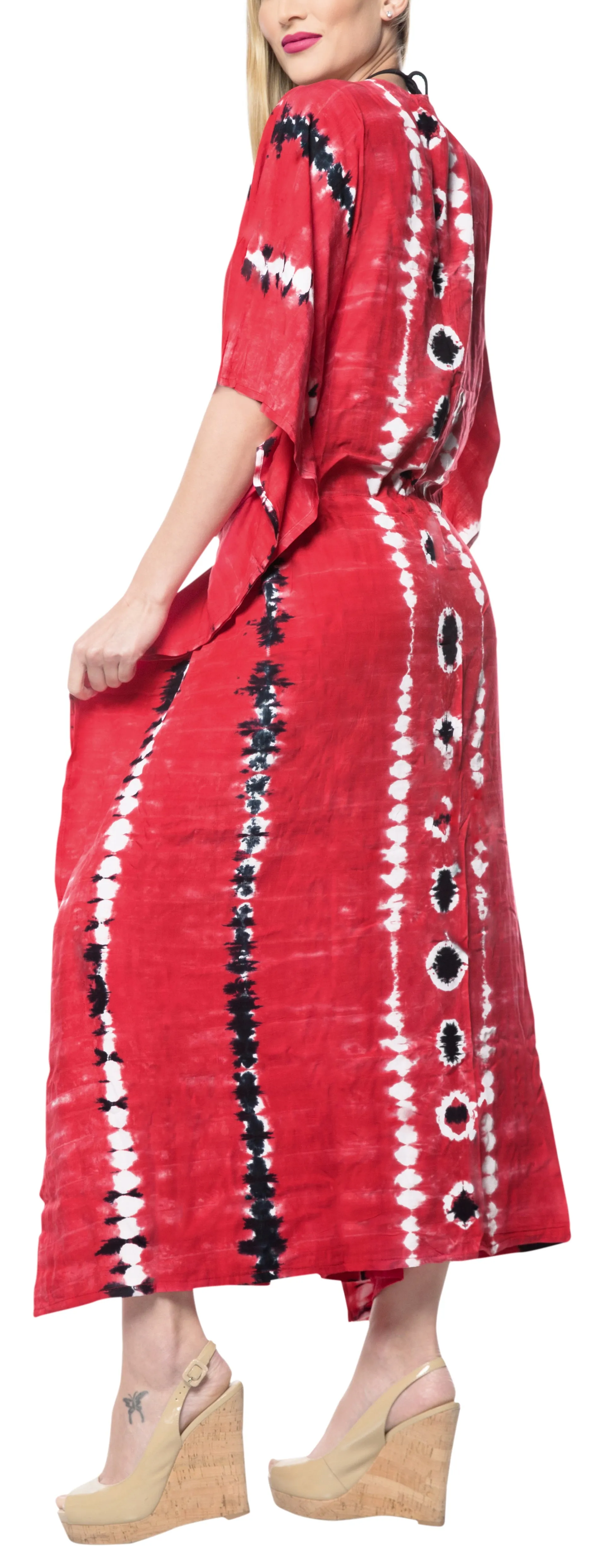 LA LEELA Rayon Tie_Dye Caftan Beach Dress Summer Wear Red_1371 OSFM 14-32W [L-5X]