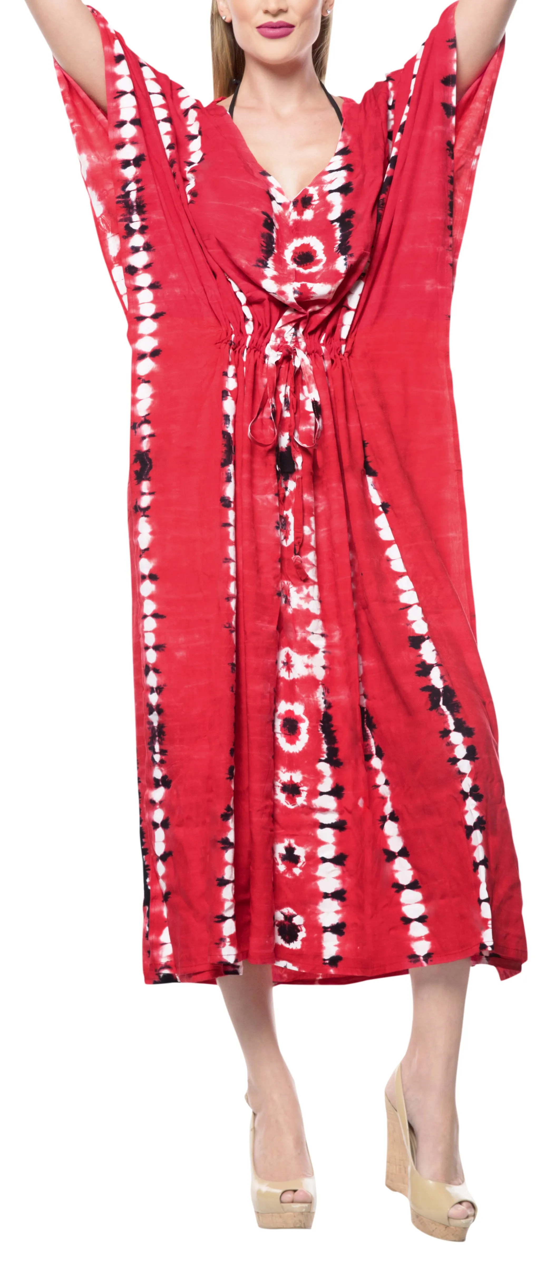 LA LEELA Rayon Tie_Dye Caftan Beach Dress Summer Wear Red_1371 OSFM 14-32W [L-5X]