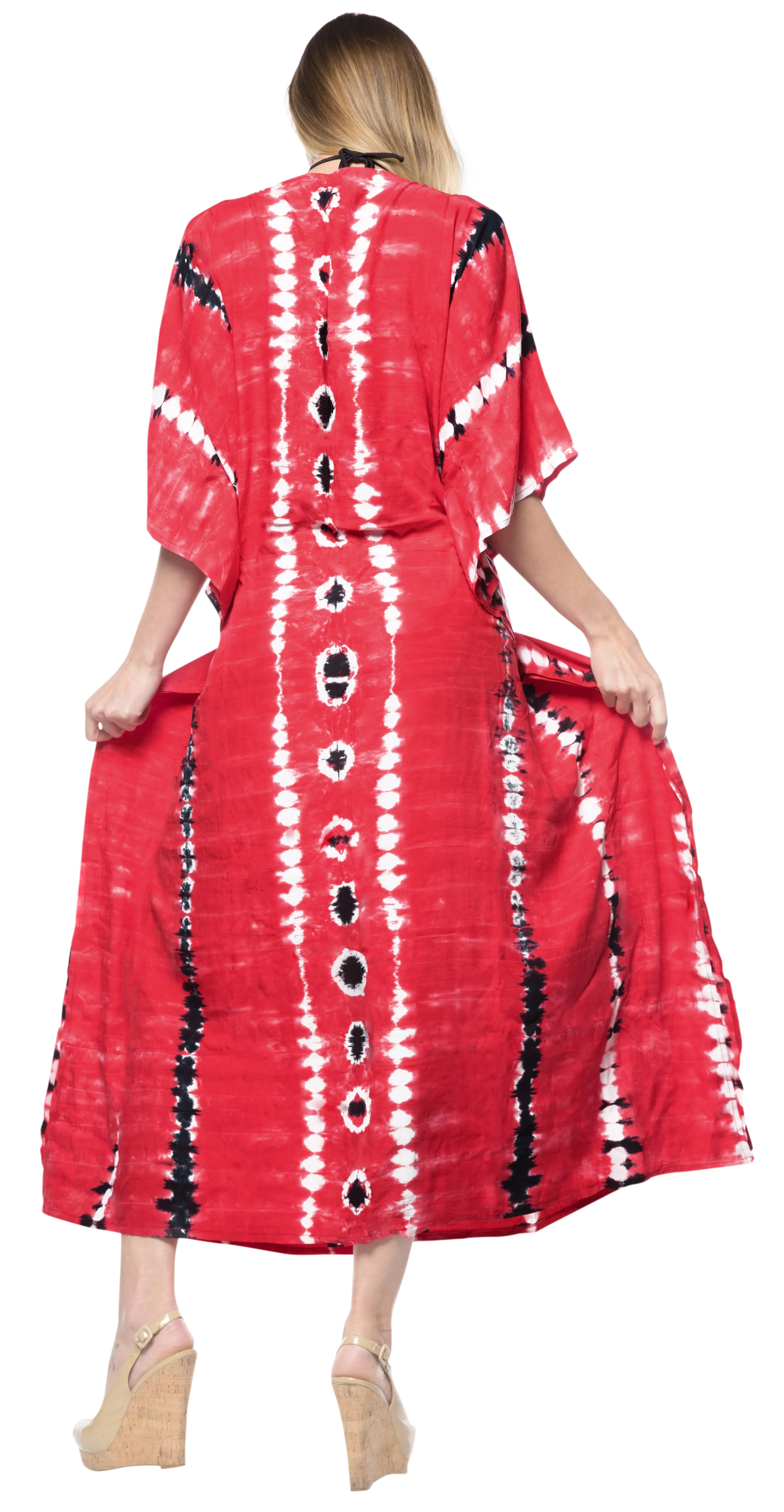 LA LEELA Rayon Tie_Dye Caftan Beach Dress Summer Wear Red_1371 OSFM 14-32W [L-5X]