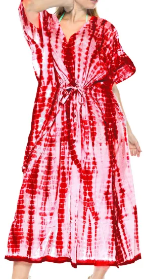 LA LEELA Rayon Tie_Dye Caftan Beach Dress Swimwear OSFM 14-18W [L- 2X] Blood Red_N768