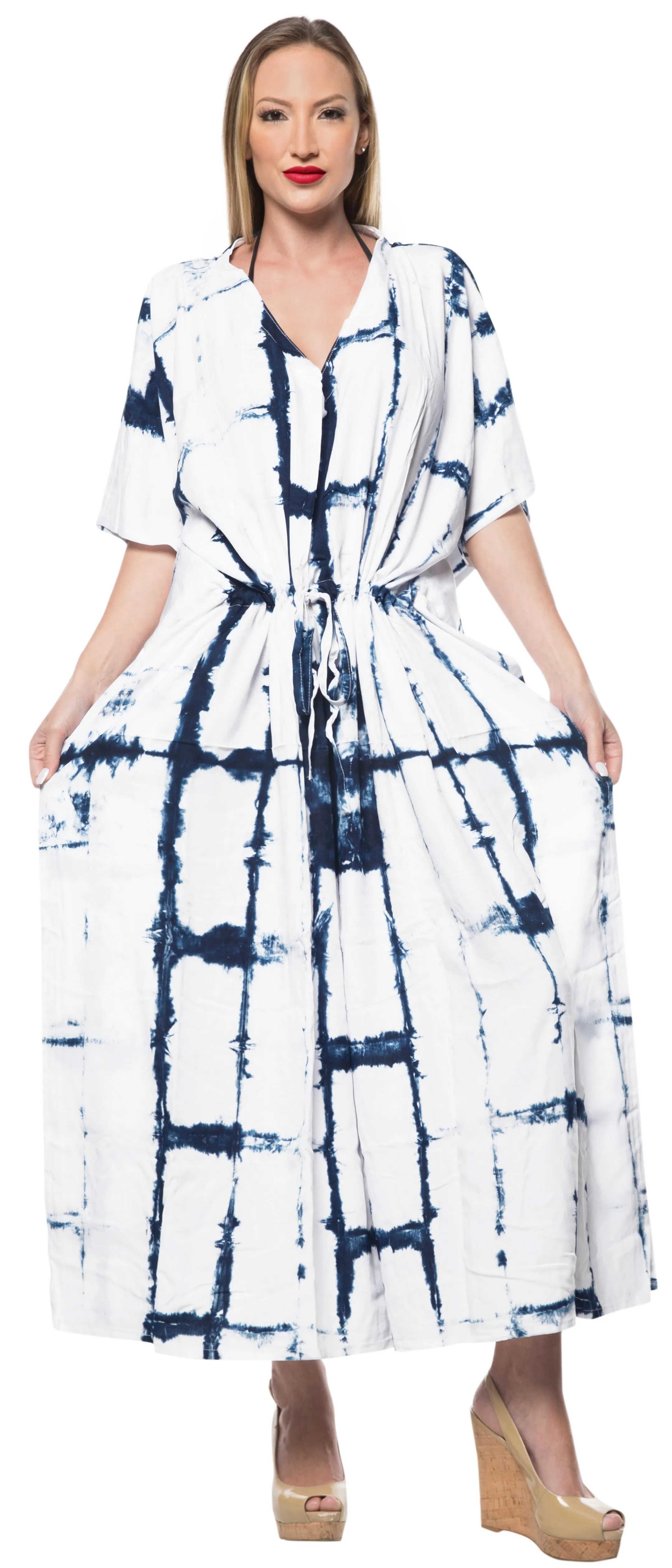 LA LEELA Rayon Tie_Dye Caftan Beach Dress Swimwear White_1408 OSFM 14-32W [L-5X]