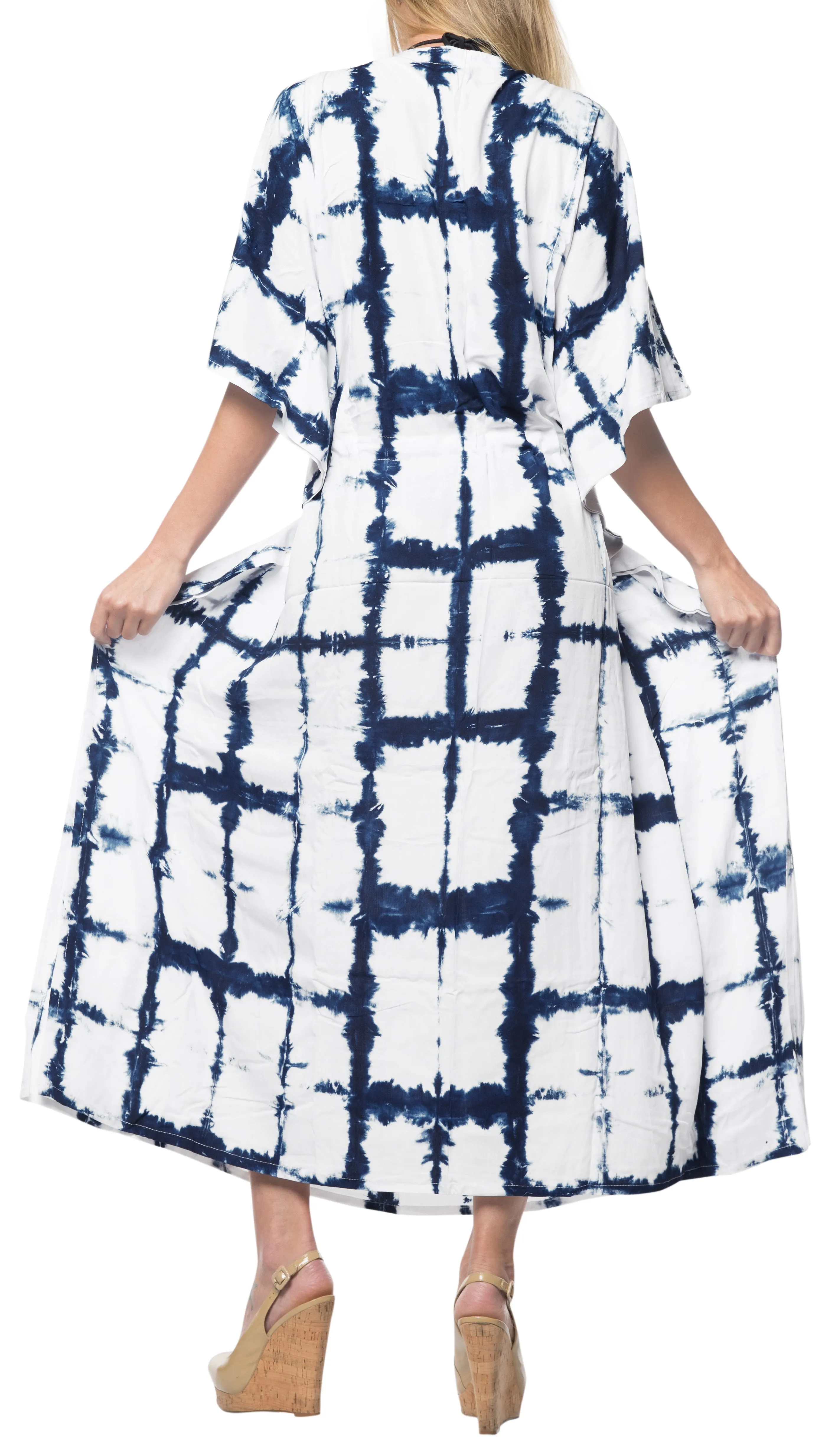 LA LEELA Rayon Tie_Dye Caftan Beach Dress Swimwear White_1408 OSFM 14-32W [L-5X]