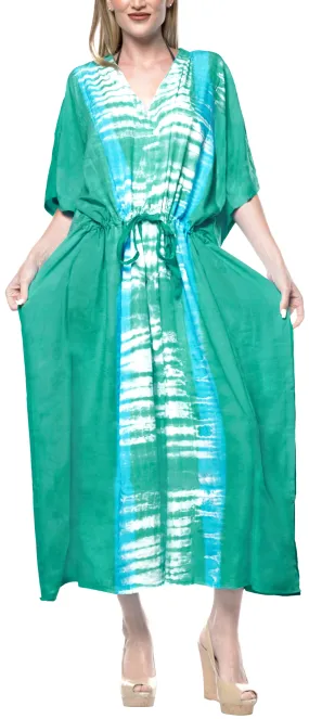 LA LEELA Rayon Tie_Dye Caftan Beach dress Vacation Top Green_1384 OSFM 14-32W