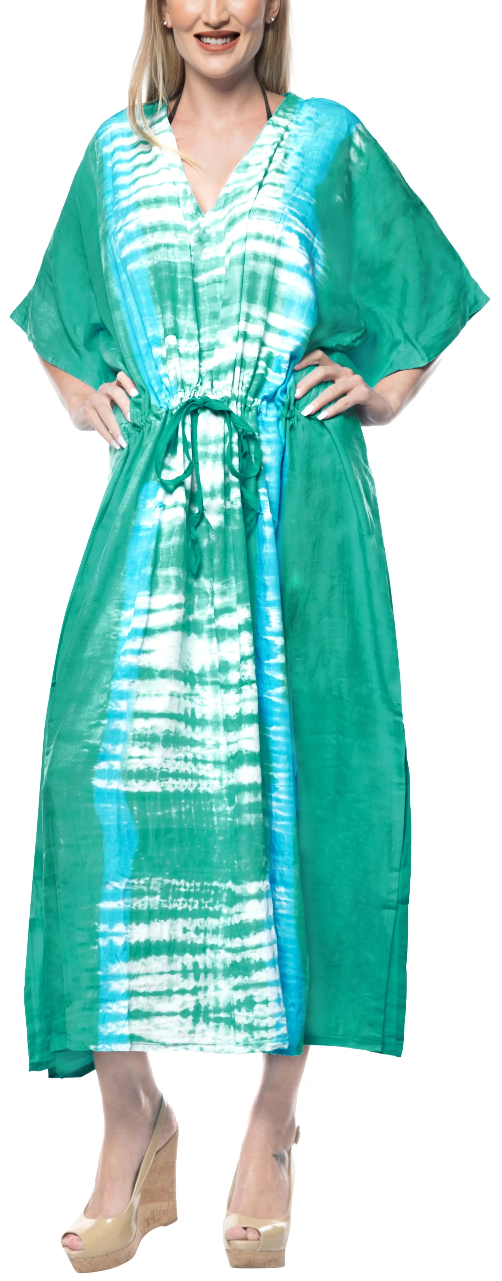 LA LEELA Rayon Tie_Dye Caftan Beach dress Vacation Top Green_1384 OSFM 14-32W