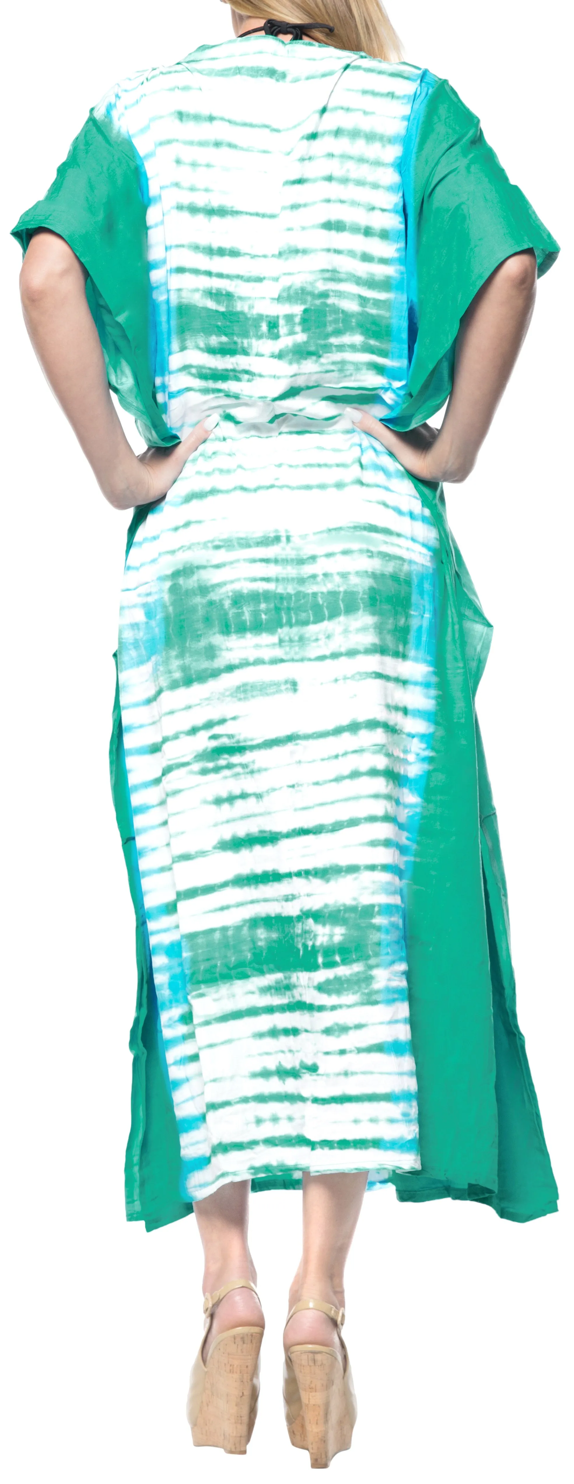 LA LEELA Rayon Tie_Dye Caftan Beach dress Vacation Top Green_1384 OSFM 14-32W