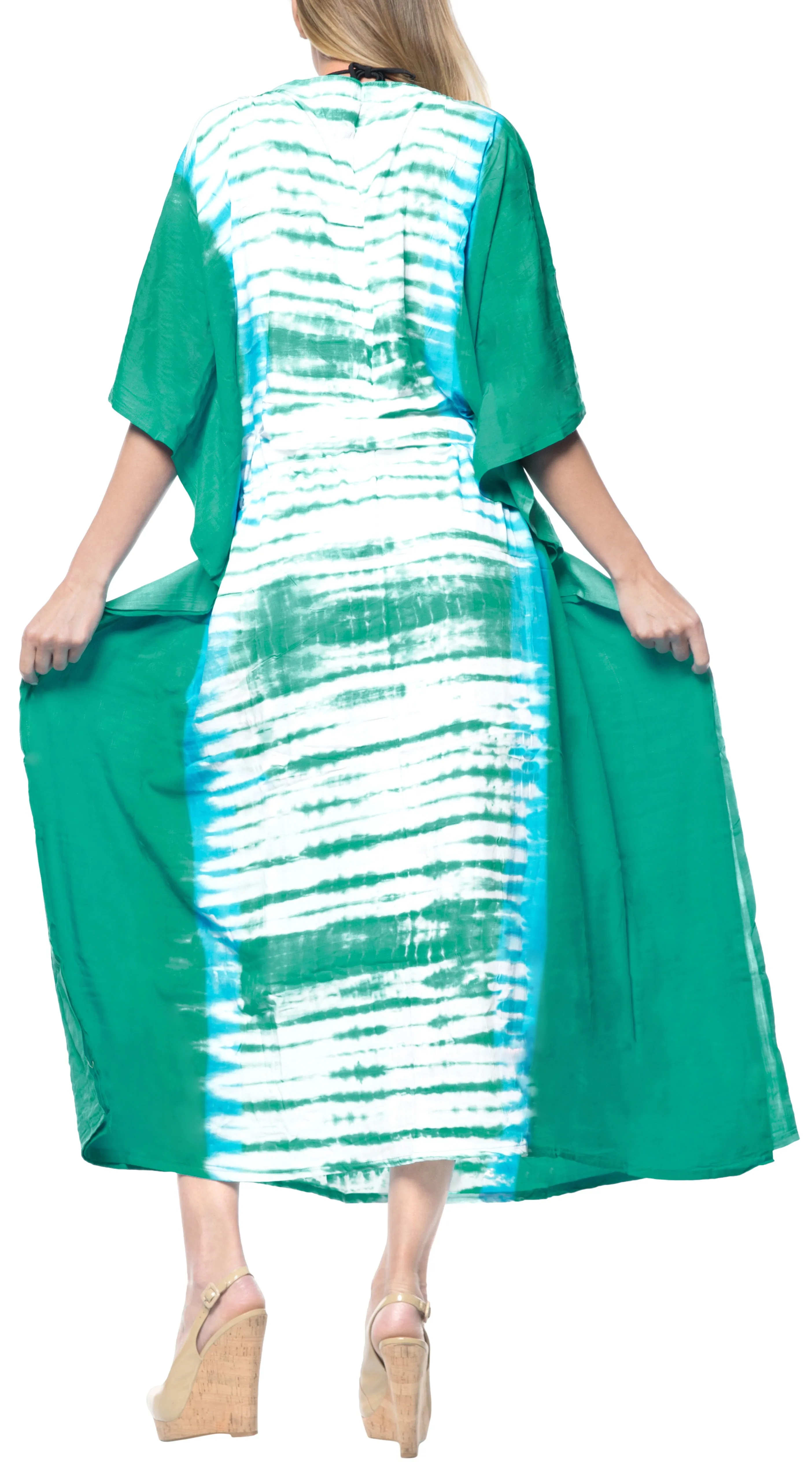 LA LEELA Rayon Tie_Dye Caftan Beach dress Vacation Top Green_1384 OSFM 14-32W