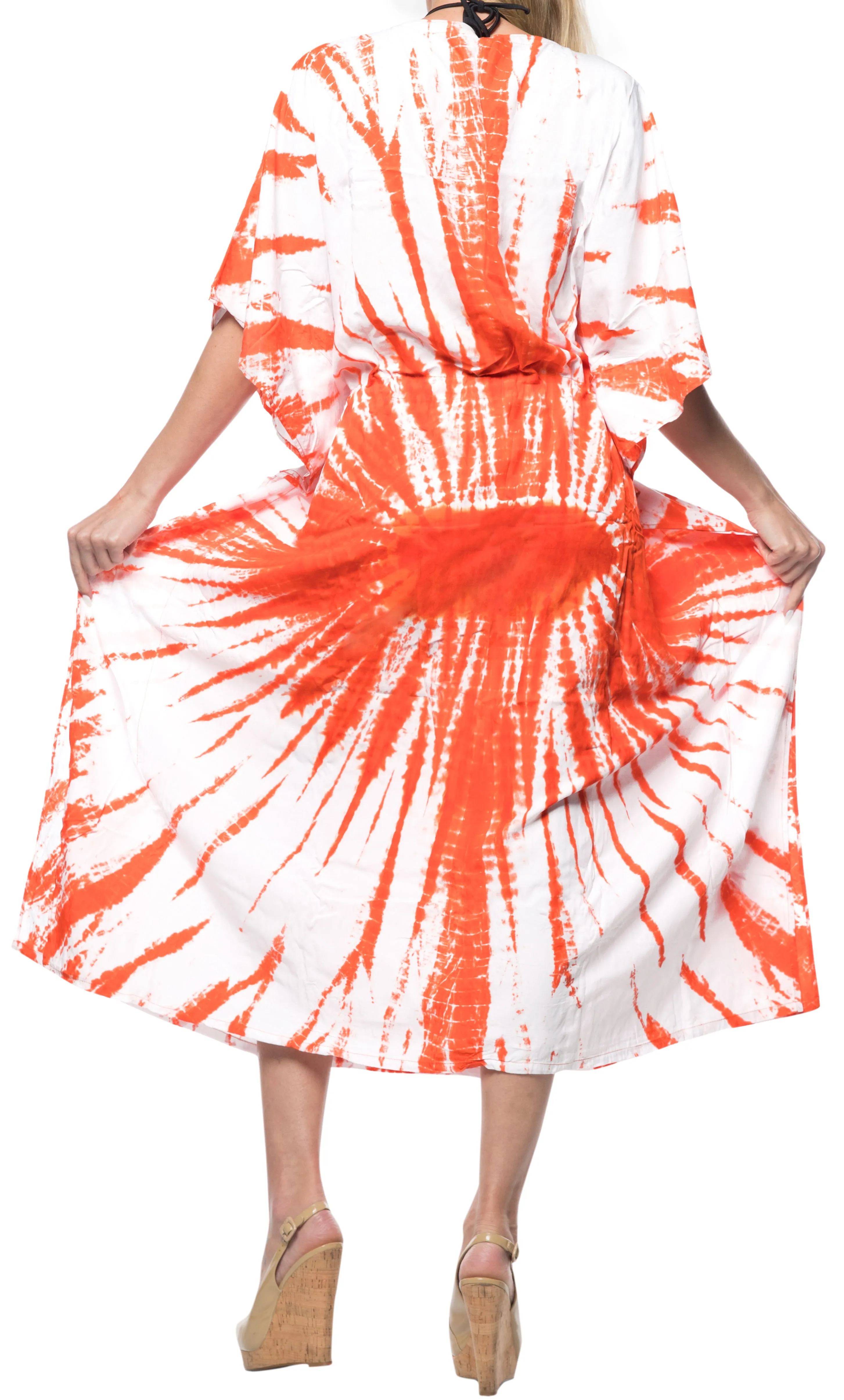 LA LEELA Rayon Tie_Dye Caftan Beach Dress Vacation White_1392 OSFM 14-22W [L-3X]