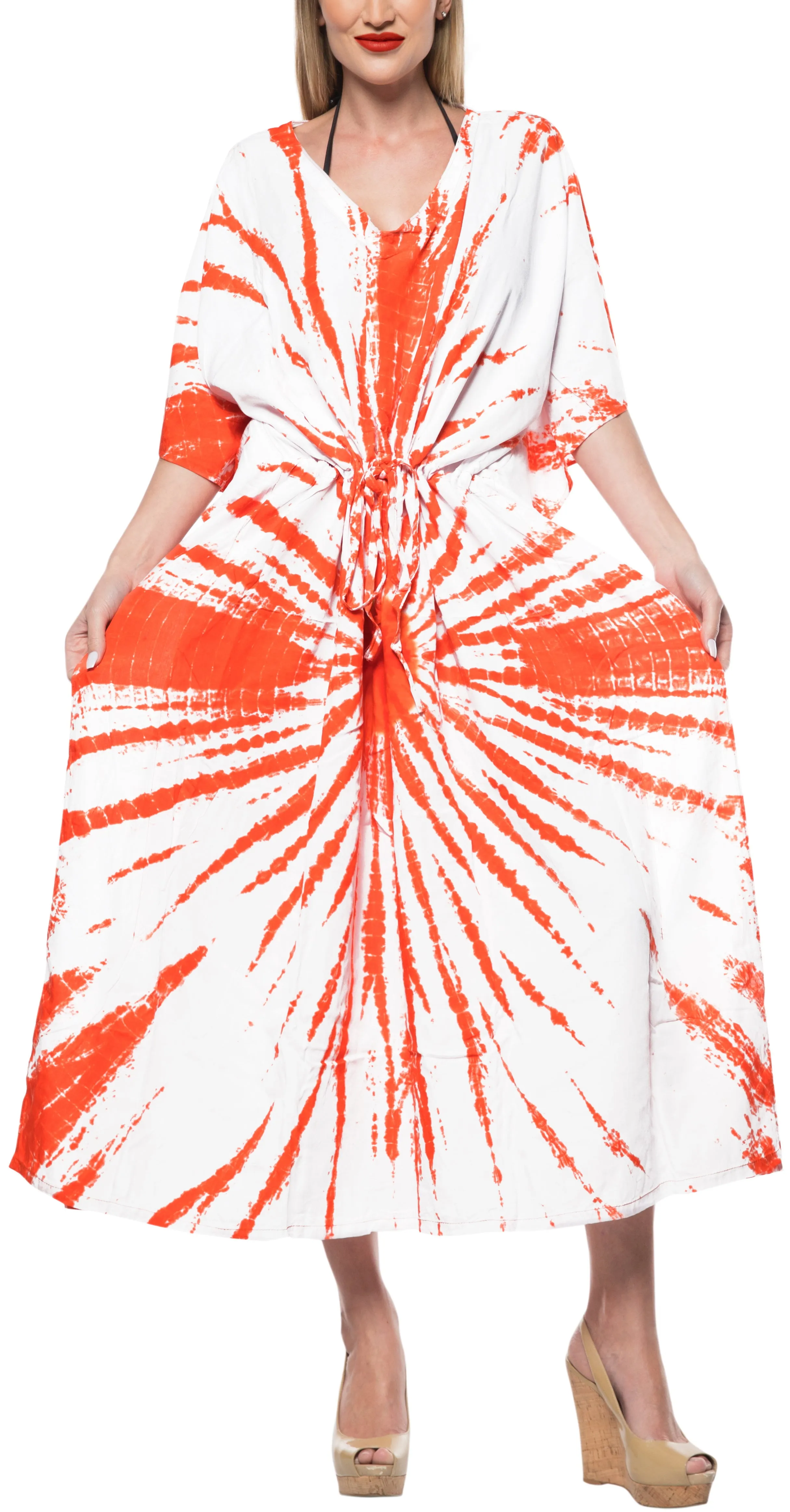 LA LEELA Rayon Tie_Dye Caftan Beach Dress Vacation White_1392 OSFM 14-22W [L-3X]