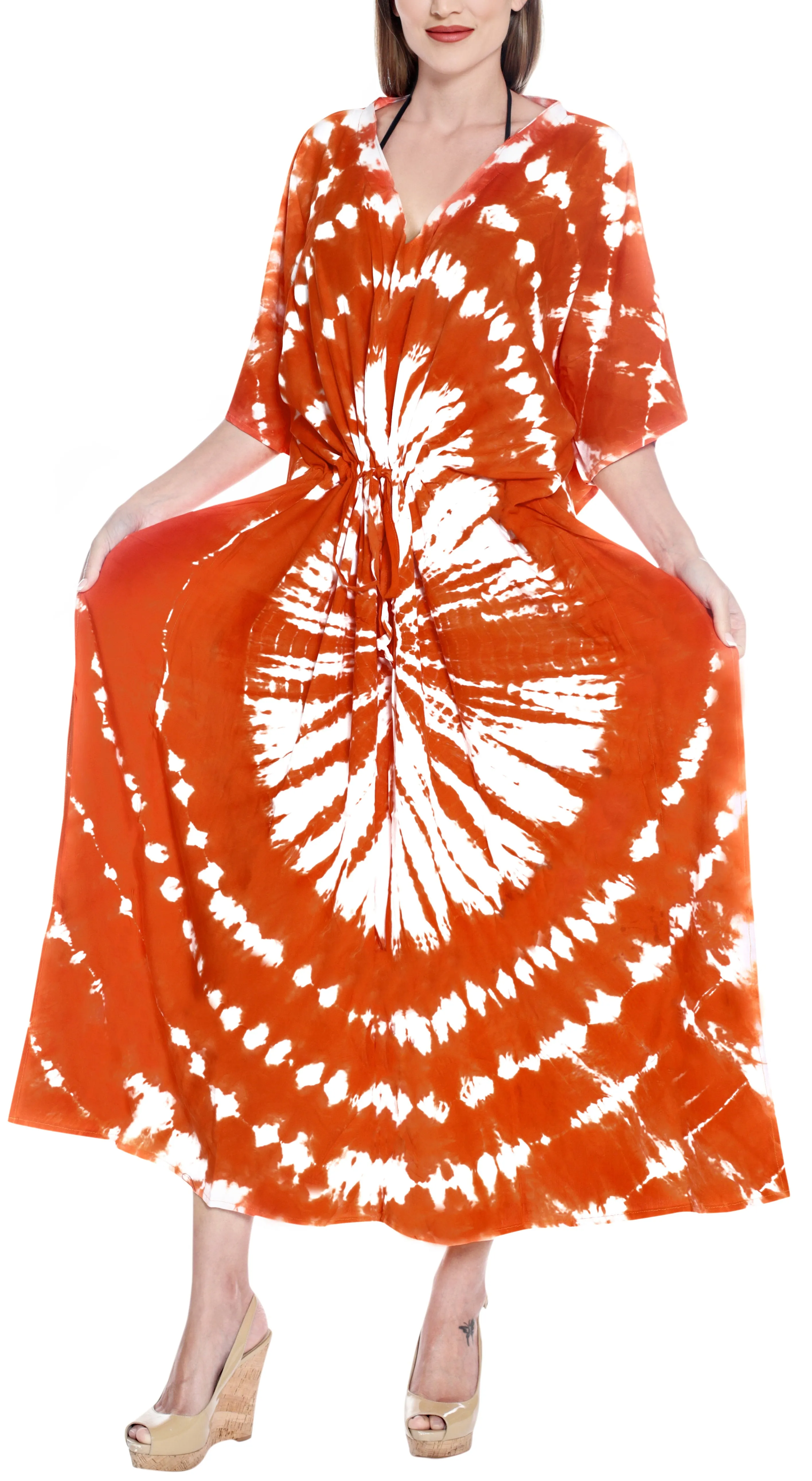 LA LEELA Rayon Tie_Dye Caftan Beach Dress Women Orange_1403 OSFM 14-32W
