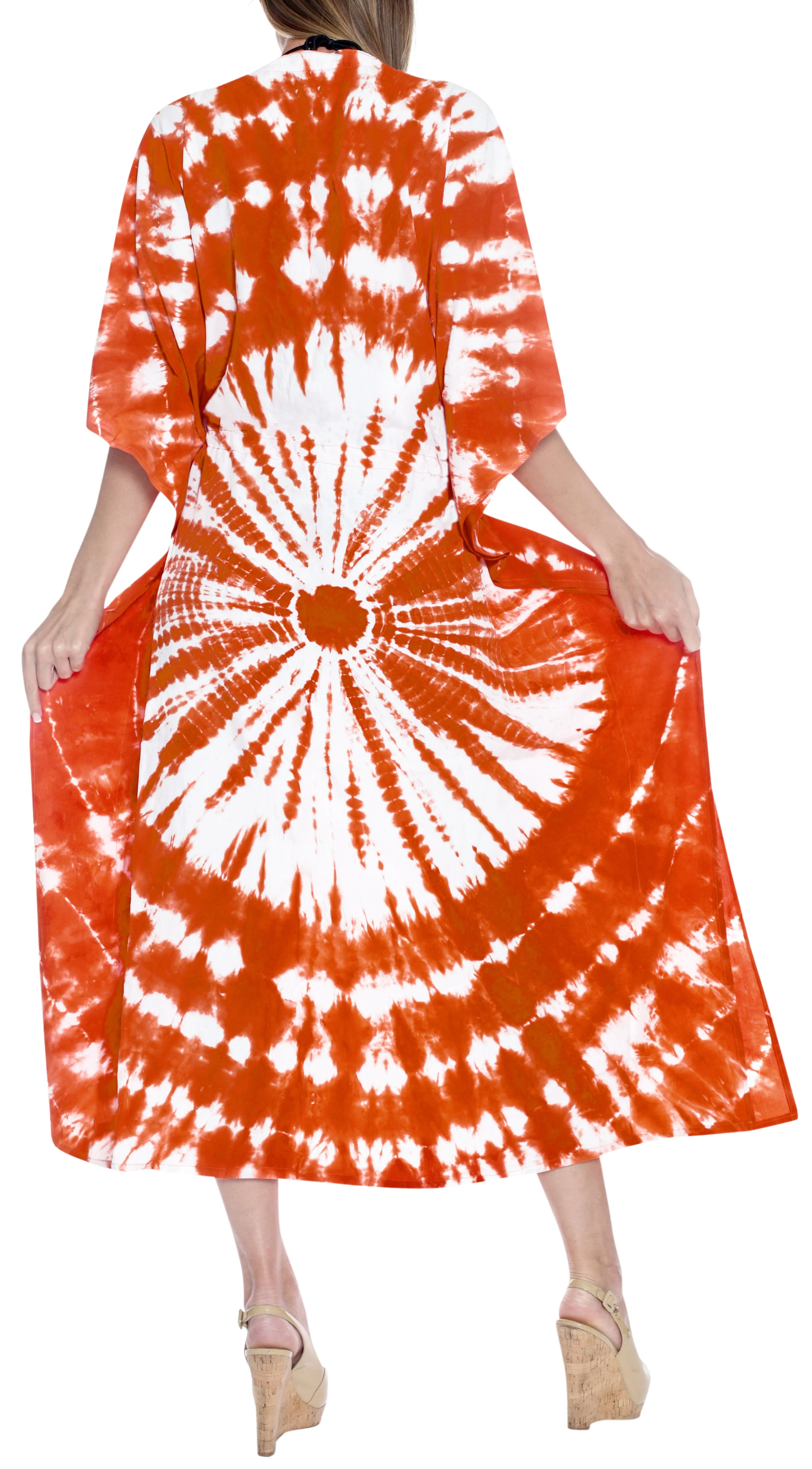 LA LEELA Rayon Tie_Dye Caftan Beach Dress Women Orange_1403 OSFM 14-32W