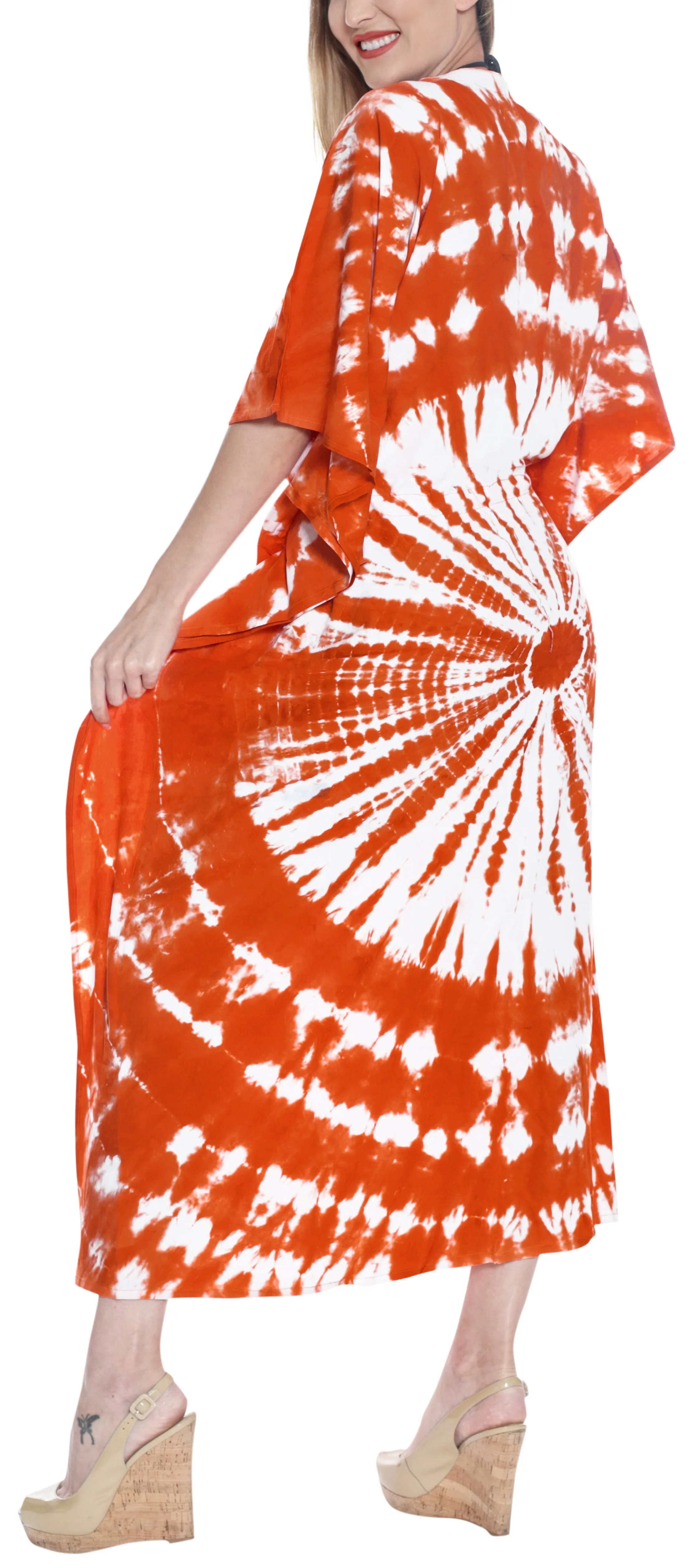LA LEELA Rayon Tie_Dye Caftan Beach Dress Women Orange_1403 OSFM 14-32W