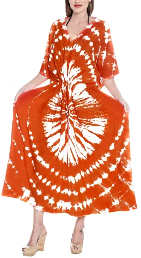 LA LEELA Rayon Tie_Dye Caftan Beach Dress Women Orange_1403 OSFM 14-32W