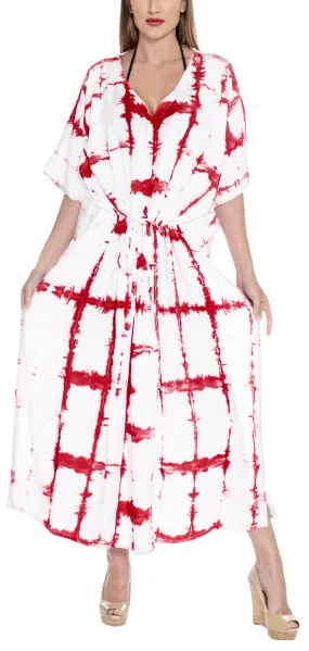 LA LEELA Rayon Tie_Dye Caftan Swimsuit Beach Dress Red_1391 OSFM 14-22W
