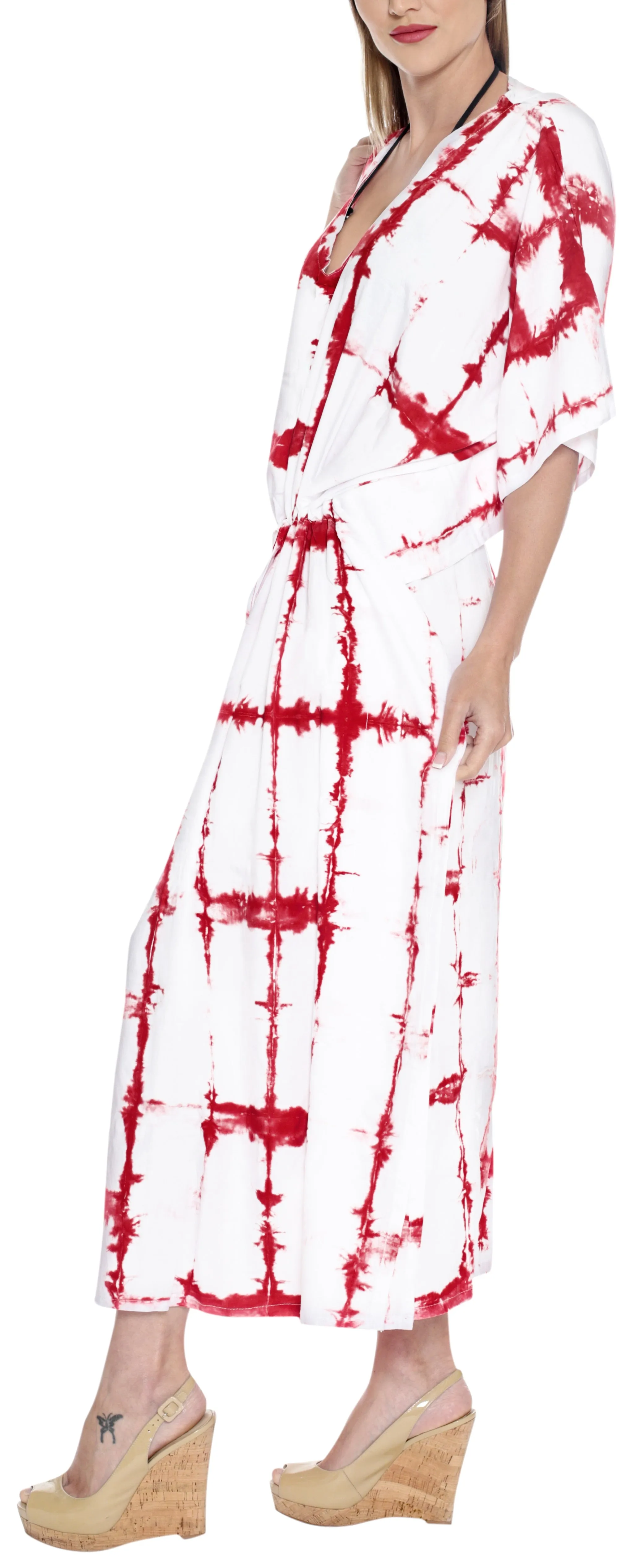 LA LEELA Rayon Tie_Dye Caftan Swimsuit Beach Dress Red_1391 OSFM 14-22W