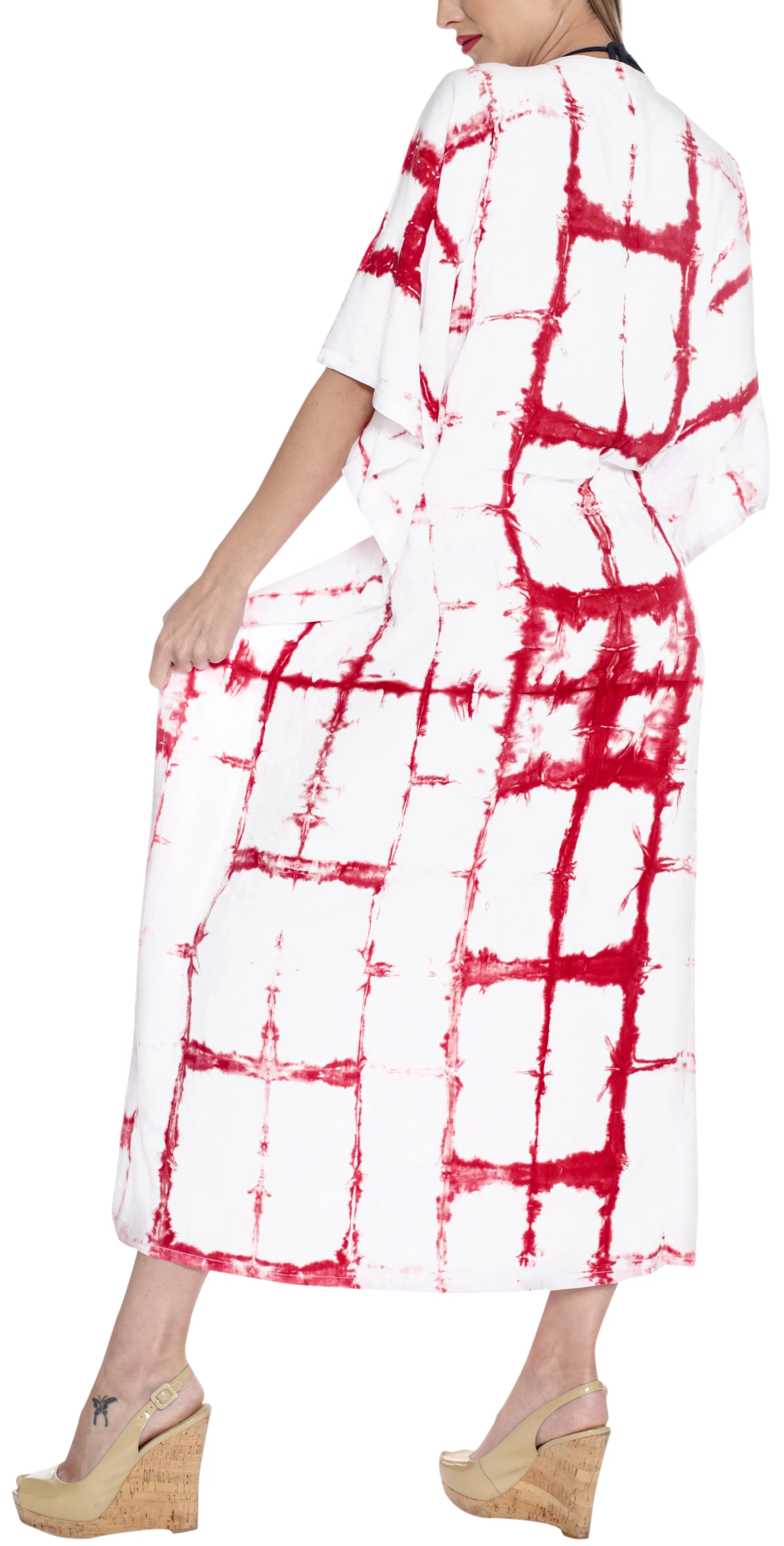 LA LEELA Rayon Tie_Dye Caftan Swimsuit Beach Dress Red_1391 OSFM 14-22W