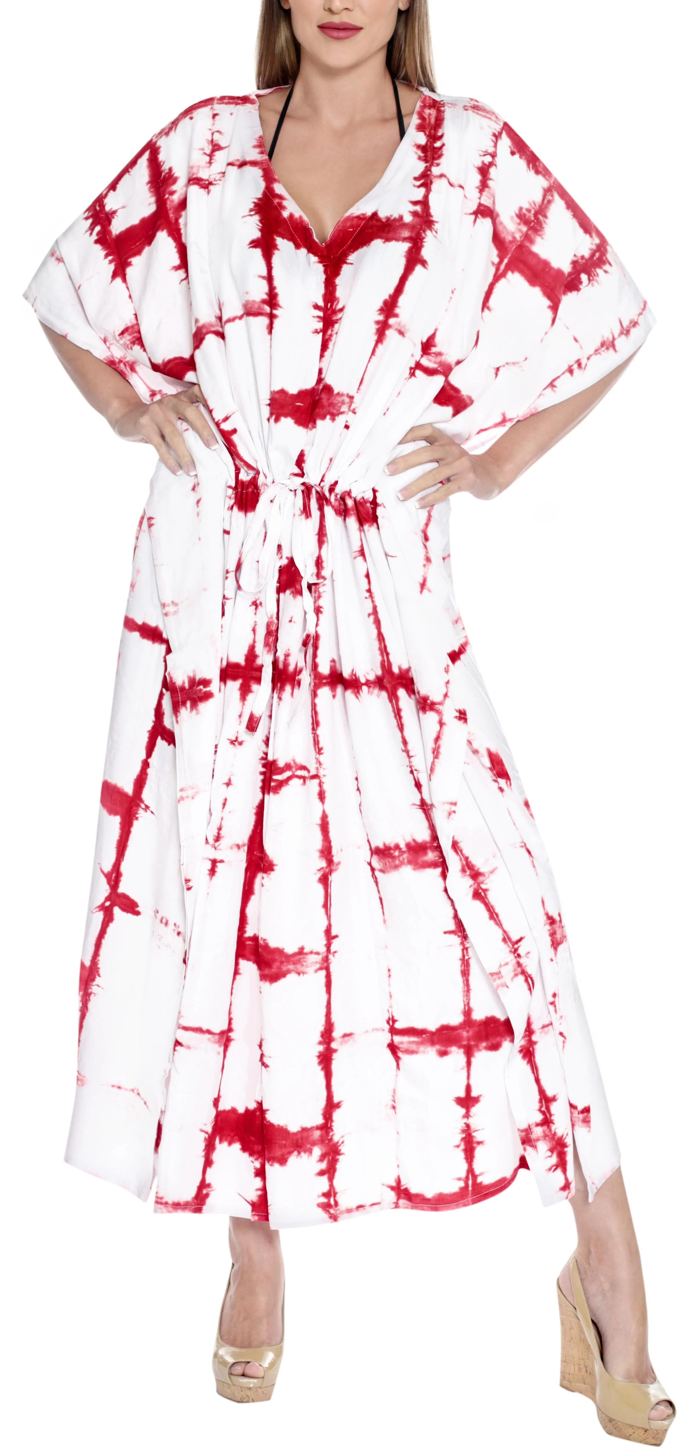 LA LEELA Rayon Tie_Dye Caftan Swimsuit Beach Dress Red_1391 OSFM 14-22W