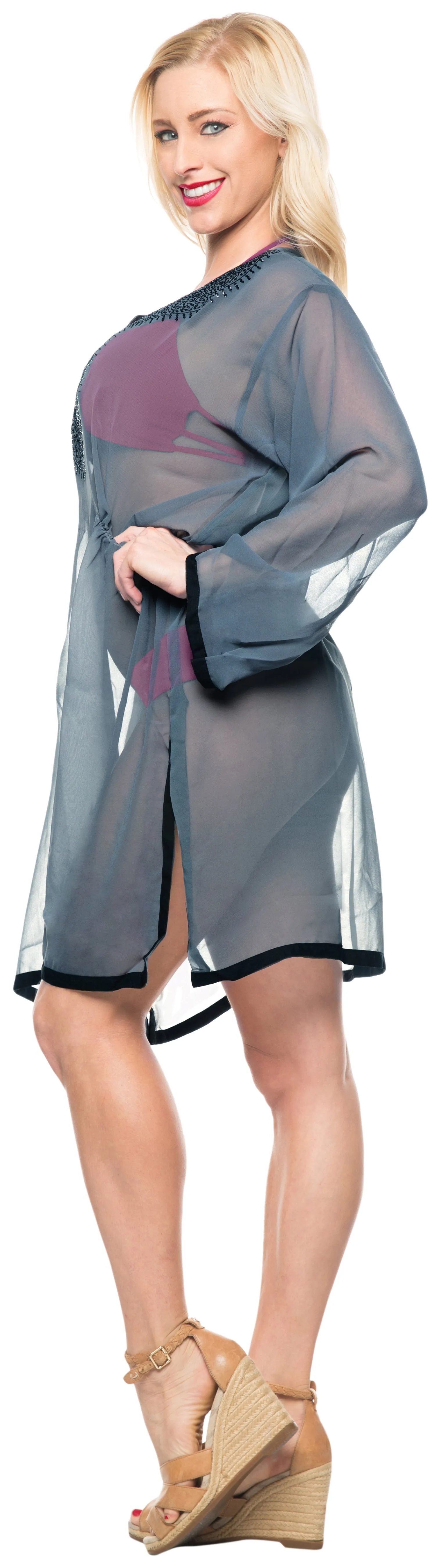 LA LEELA Swimwear Chiffon Solid Bikini Cover Up Swimsuit OSFM 8-18 [M-XL] Grey_592