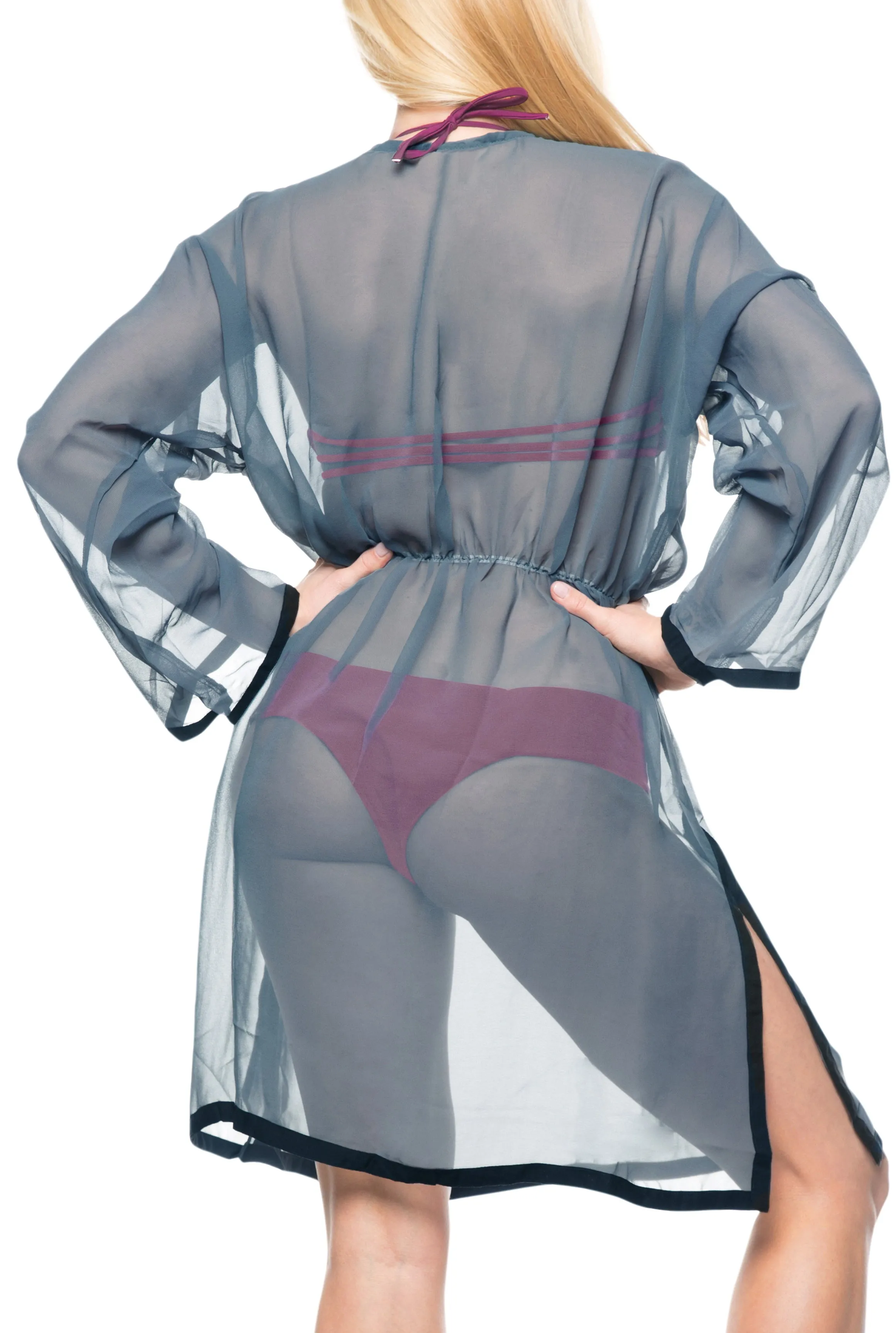LA LEELA Swimwear Chiffon Solid Bikini Cover Up Swimsuit OSFM 8-18 [M-XL] Grey_592